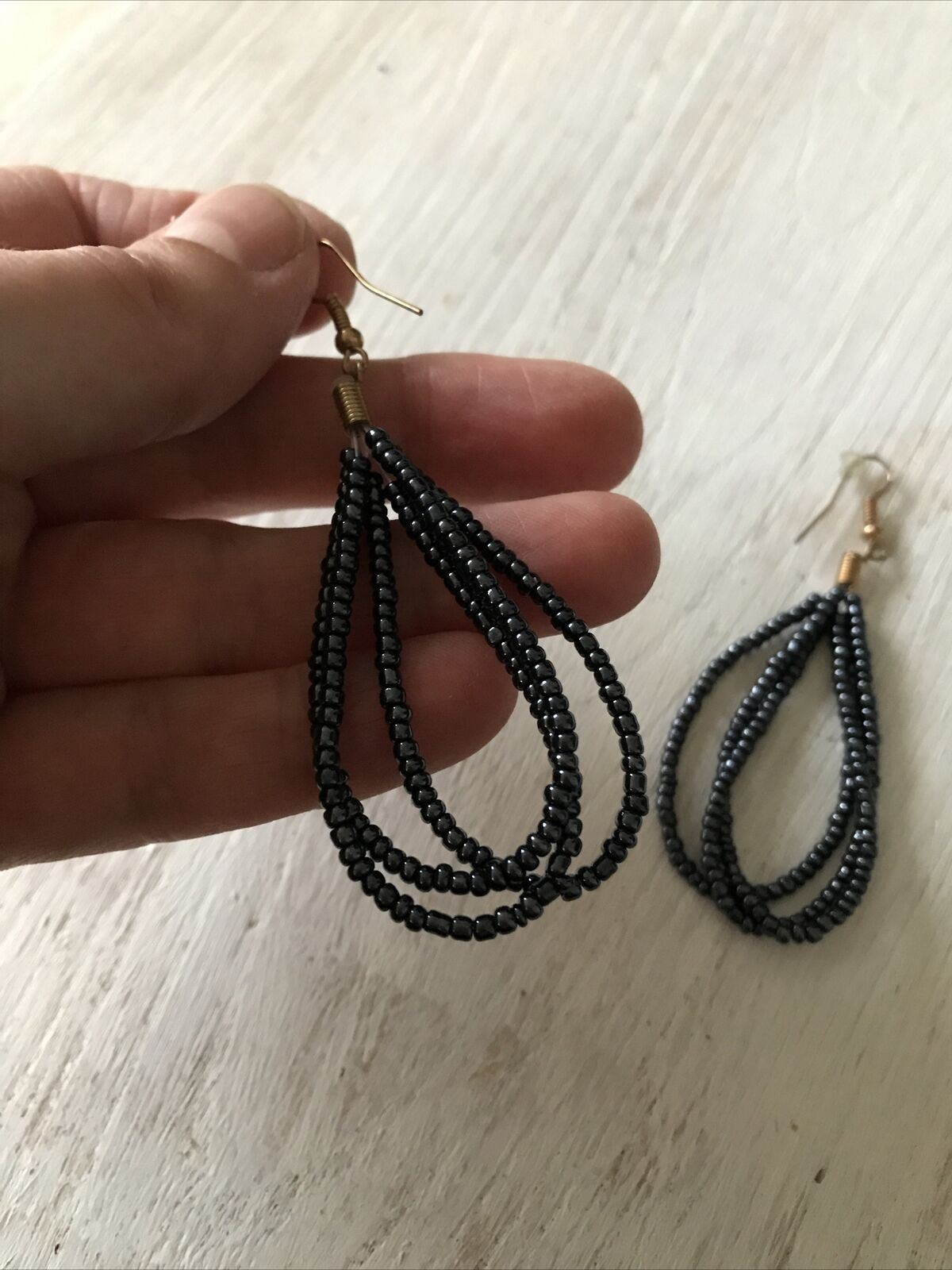 Long Multi Strand Beaded Drop Earrings. Grey. Loopy. Dressy Modern Elegant. Pierced ears.