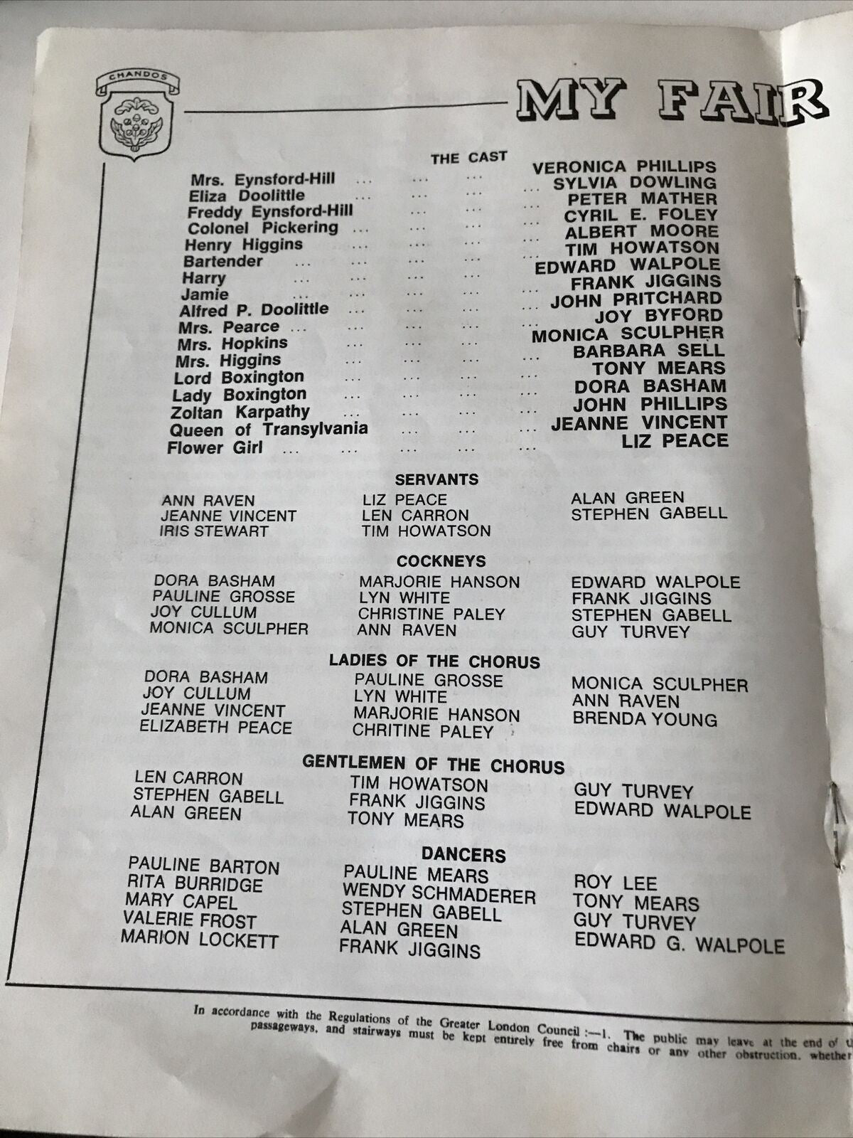 My Fair Lady Programme Hornsey Town Hall 1971. Chandos Opera Company. Sylvia Dowling.