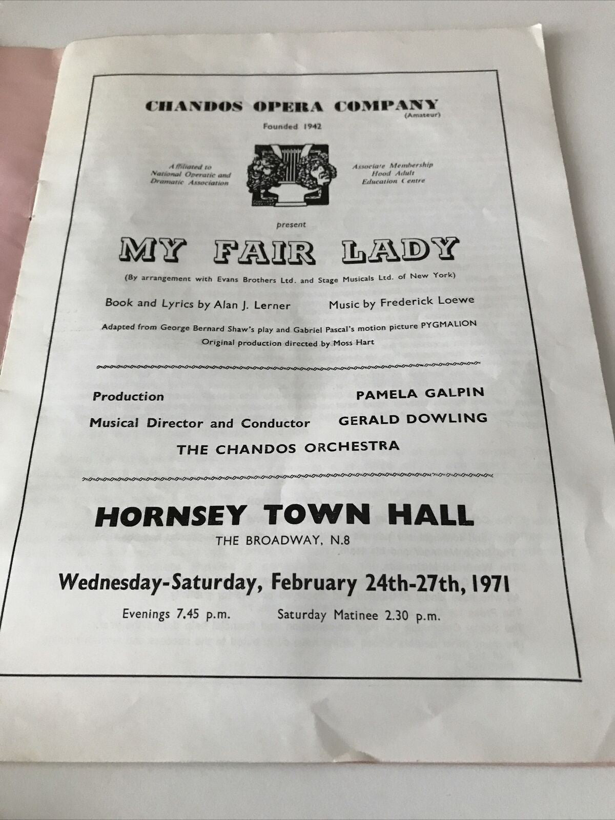 My Fair Lady Programme Hornsey Town Hall 1971. Chandos Opera Company. Sylvia Dowling.