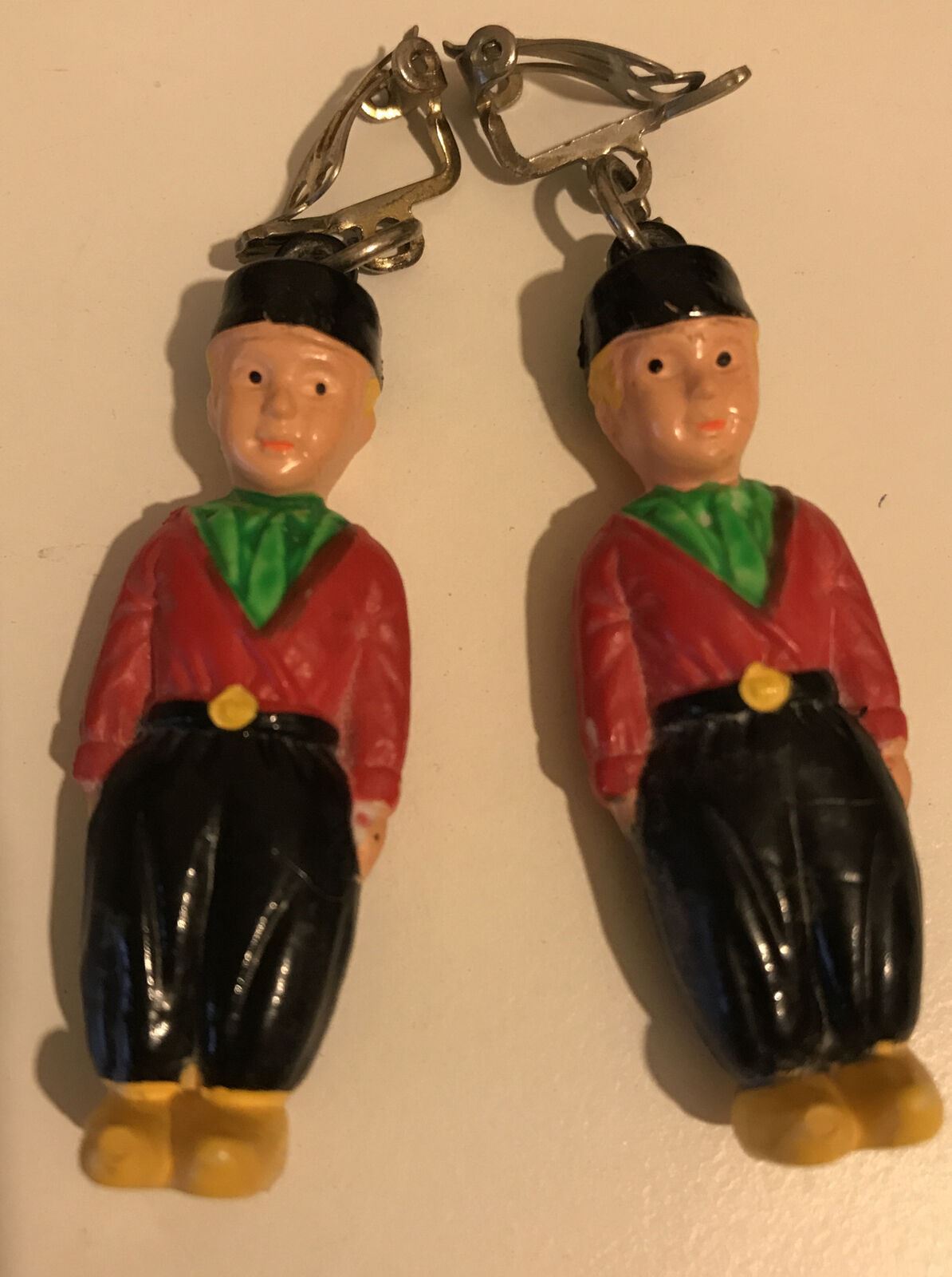 Dutch Boy In National Costume. Vintage Clip On Earrings. Kitsch Fun Retro