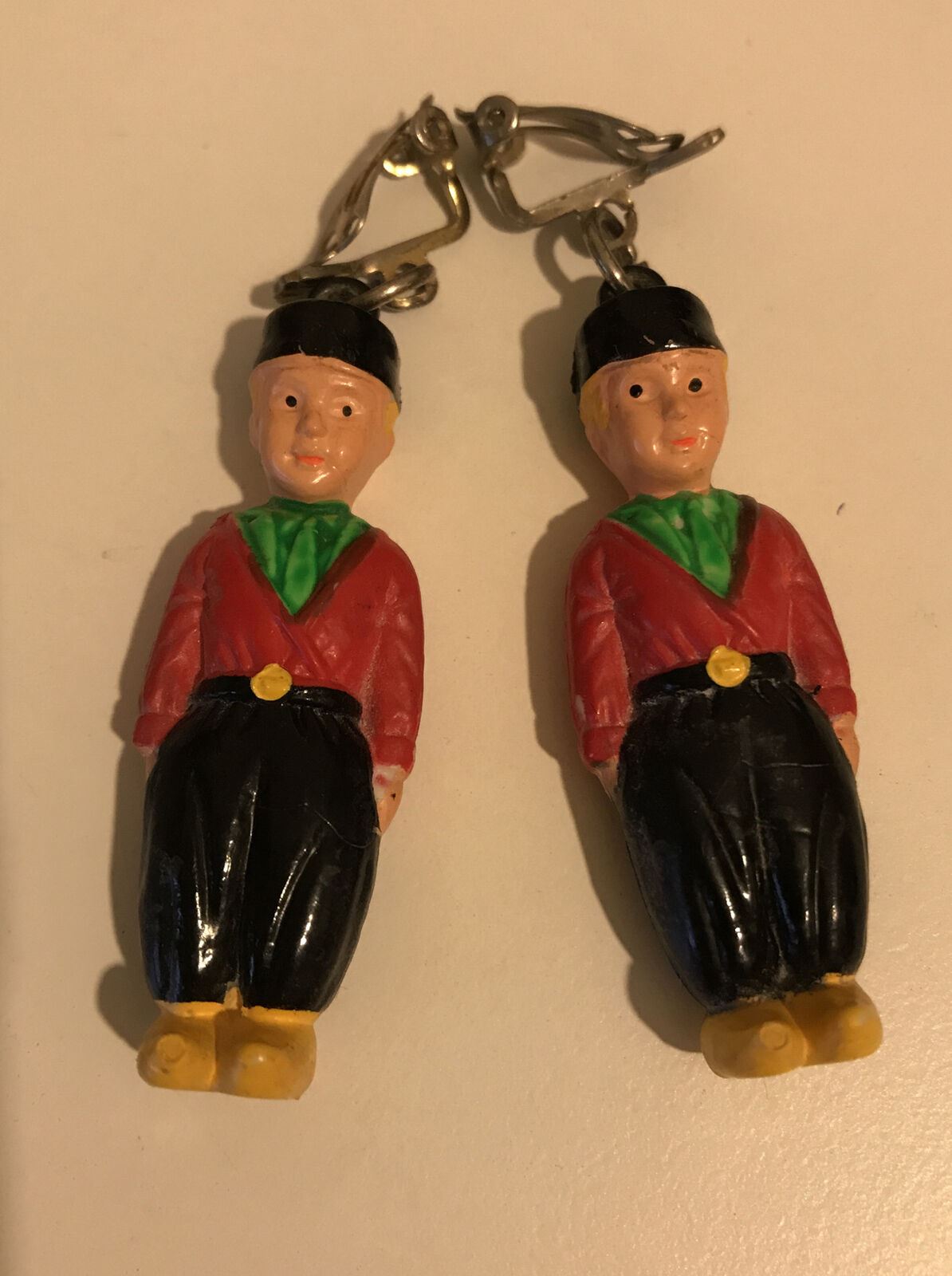Dutch Boy In National Costume. Vintage Clip On Earrings. Kitsch Fun Retro