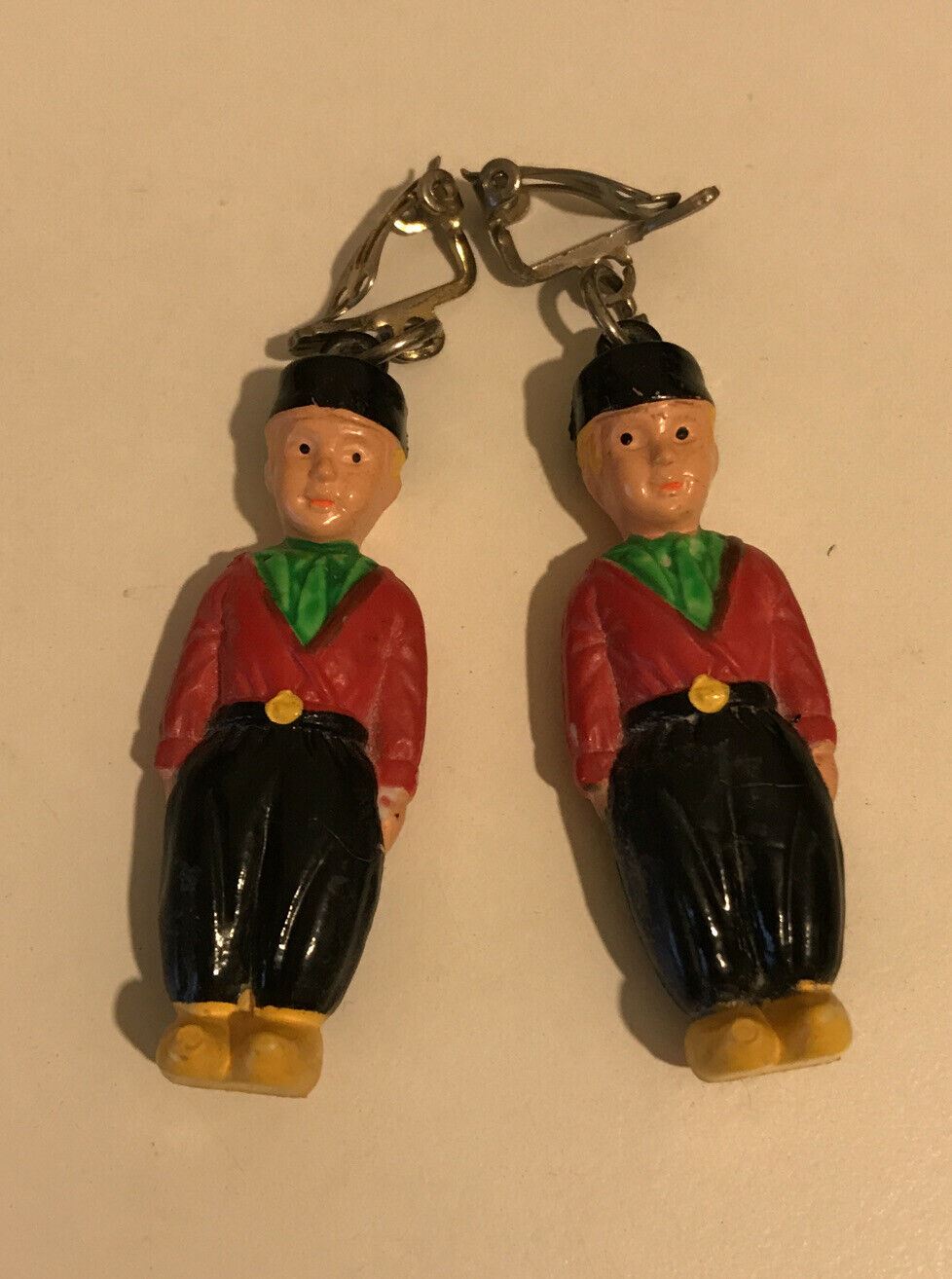 Dutch Boy In National Costume. Vintage Clip On Earrings. Kitsch Fun Retro