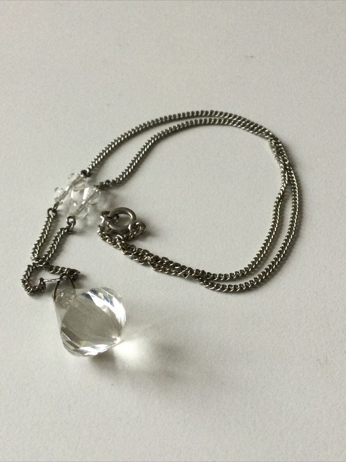 Pretty Necklace. Glass Crystal Faceted Pendant. On Silver Tone 16” Chain.