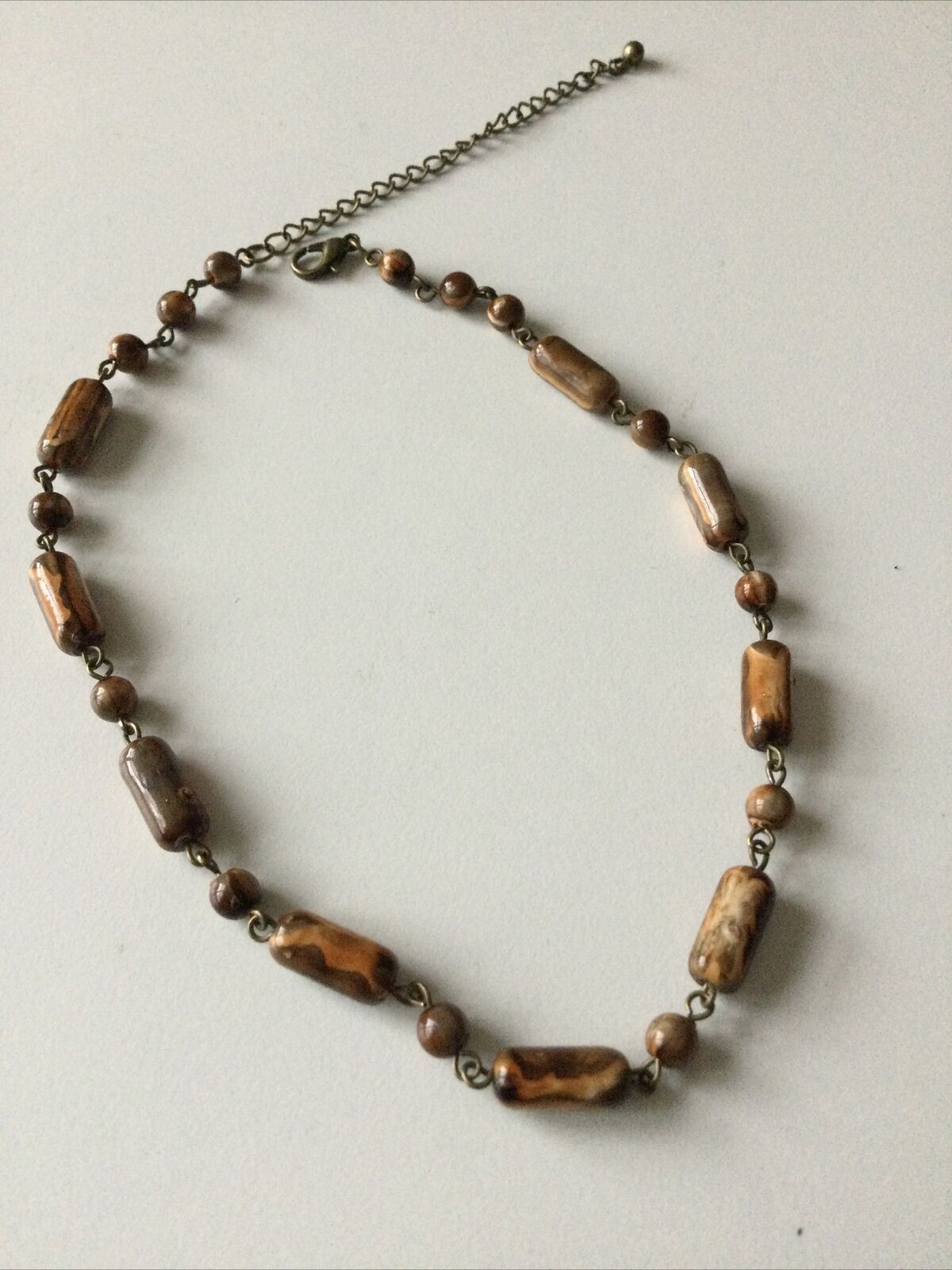 Vintage Brown Agate Look Bead And Chain Necklace. Adjustable Length 14” To 17”.