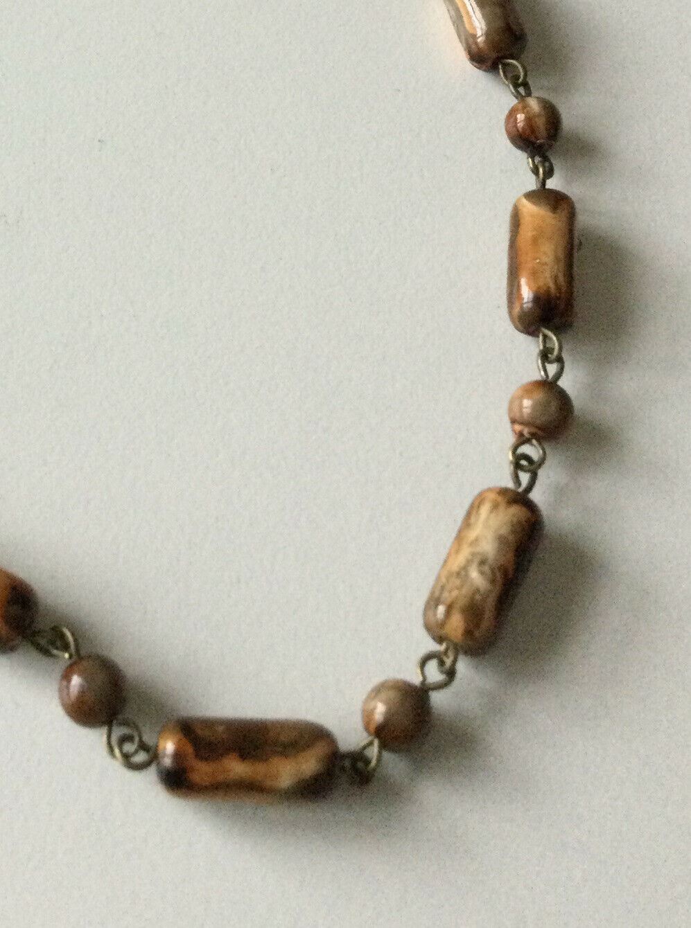 Vintage Brown Agate Look Bead And Chain Necklace. Adjustable Length 14” To 17”.