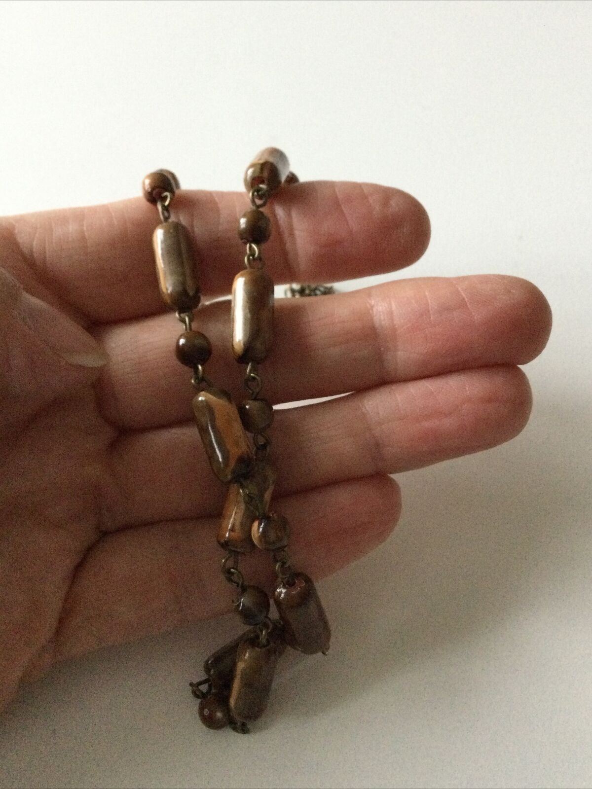 Vintage Brown Agate Look Bead And Chain Necklace. Adjustable Length 14” To 17”.