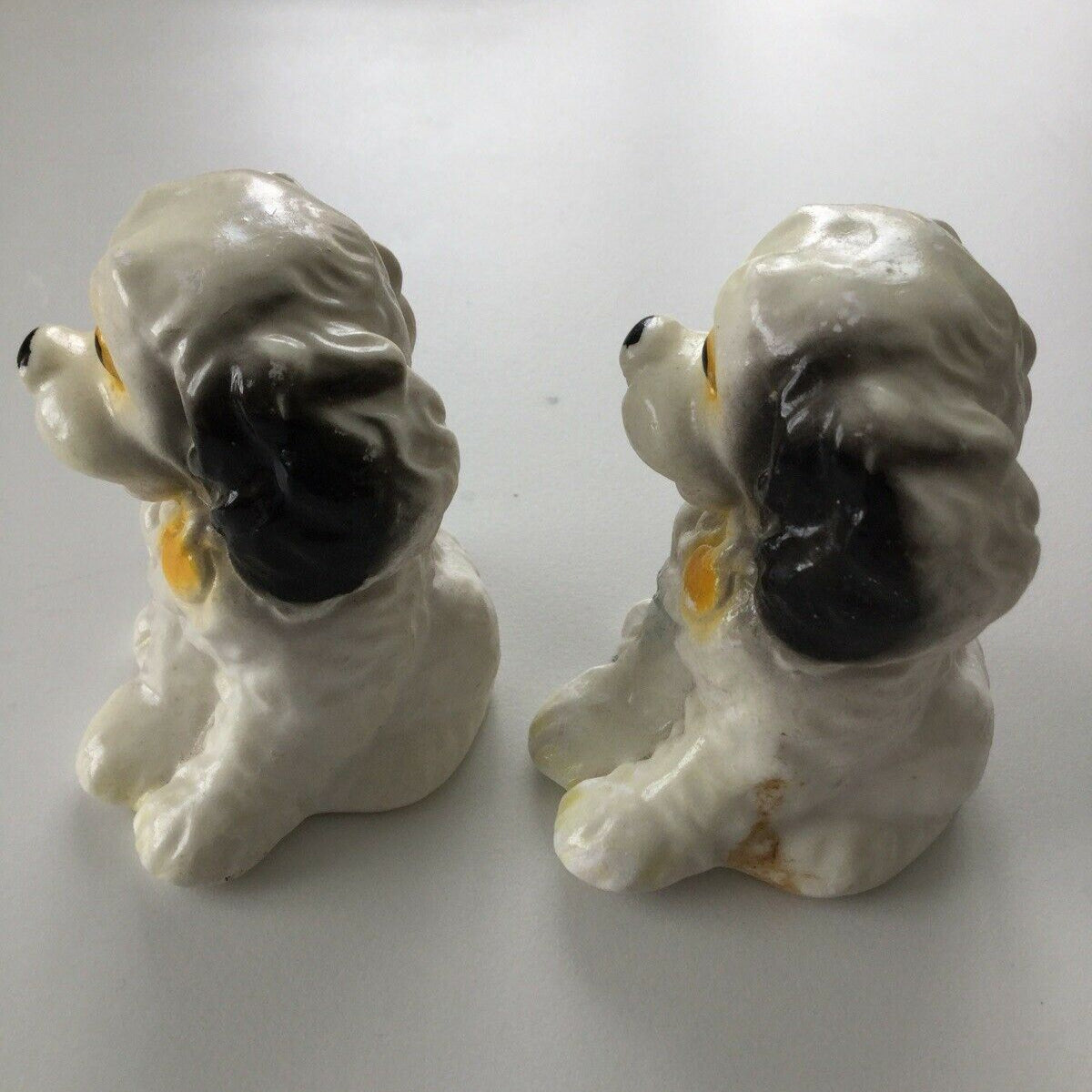 Pair Of Vintage Spaniel Dog Ornaments. Black And White. Ceramic. 1960s? Boxed