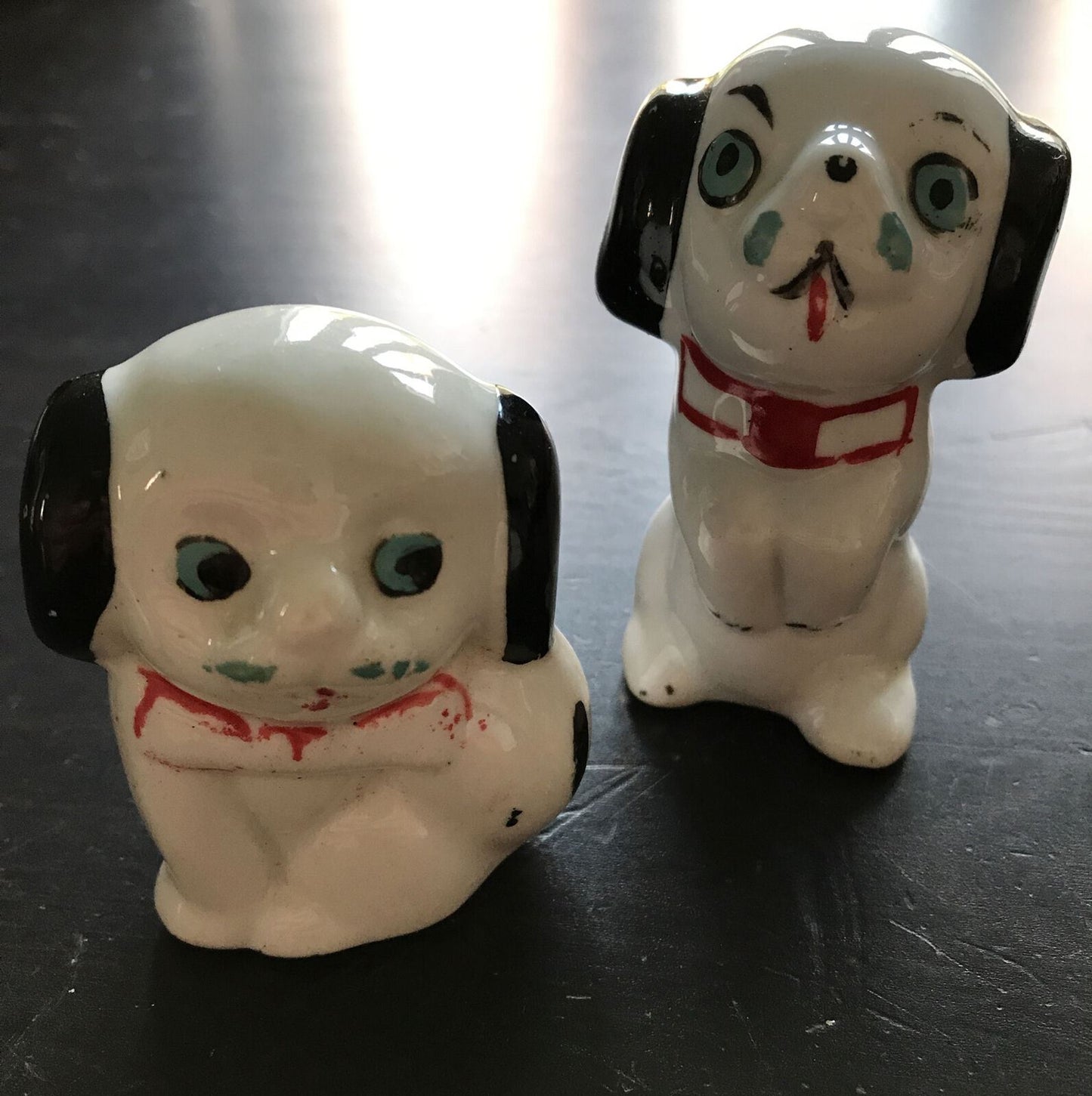 Pair Of Vintage Black And White Spaniel Ornamnets. Small. Cute Retro Kitsch Pups. 1950s?