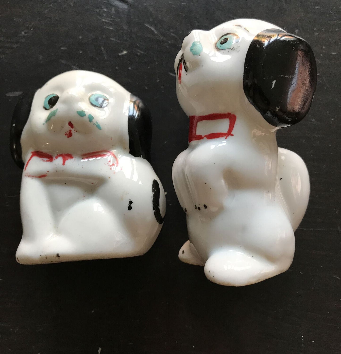 Pair Of Vintage Black And White Spaniel Ornamnets. Small. Cute Retro Kitsch Pups. 1950s?