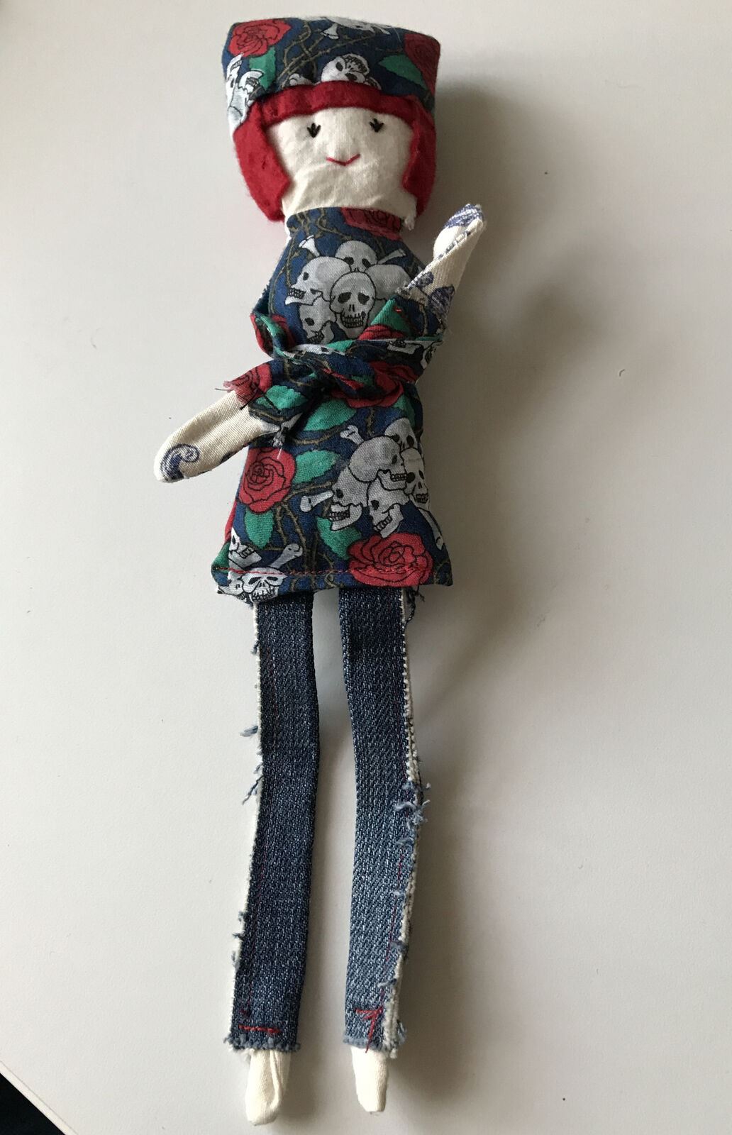 Hand Made Rag Doll. 1950s Tattooed Lady. Rockabilly Denim Retro Alternative Skulls. 30 cm