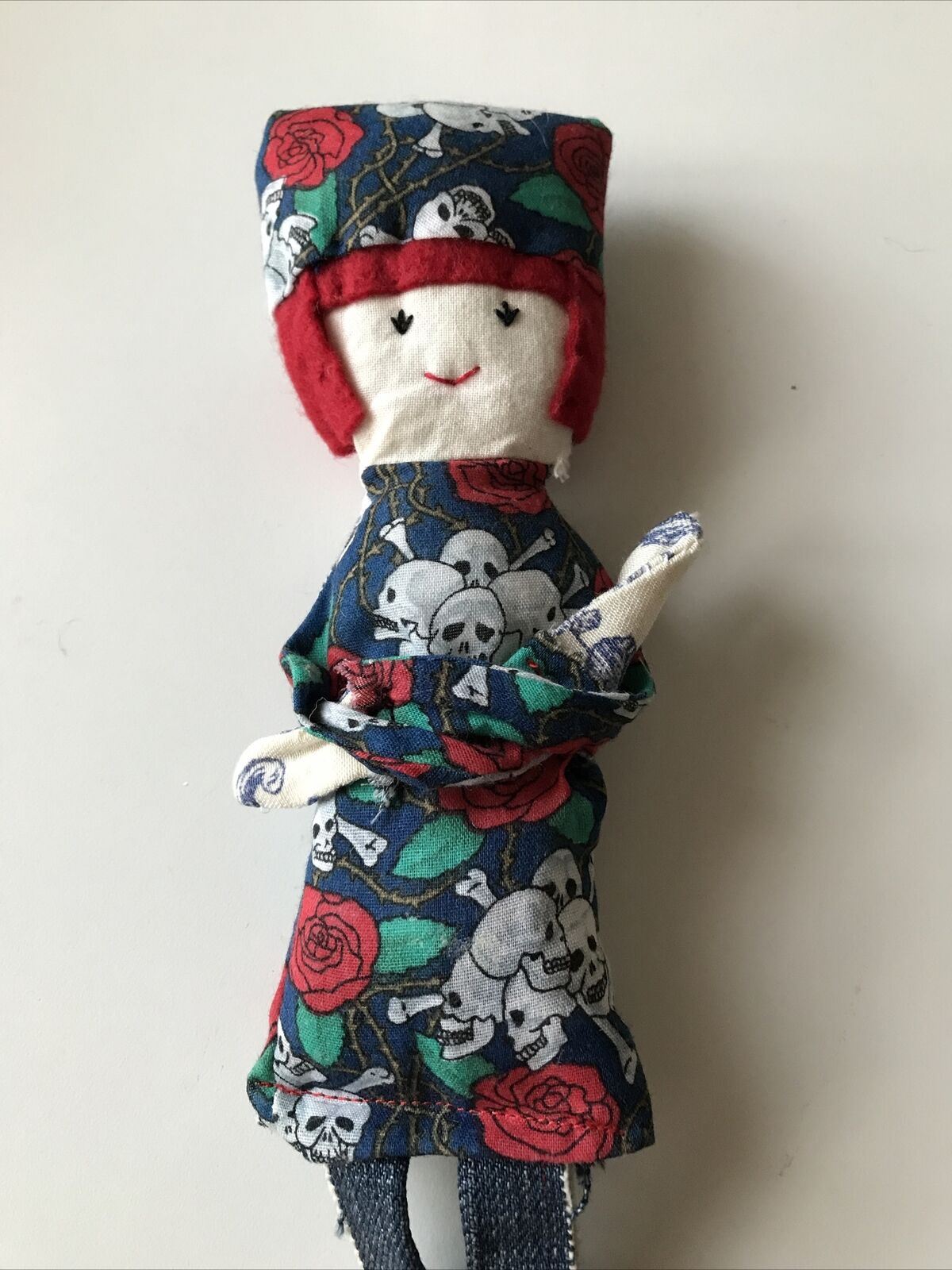 Hand Made Rag Doll. 1950s Tattooed Lady. Rockabilly Denim Retro Alternative Skulls. 30 cm