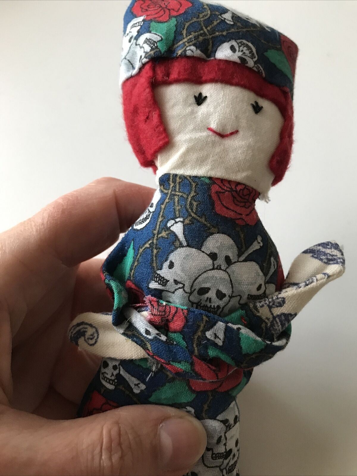 Hand Made Rag Doll. 1950s Tattooed Lady. Rockabilly Denim Retro Alternative Skulls. 30 cm