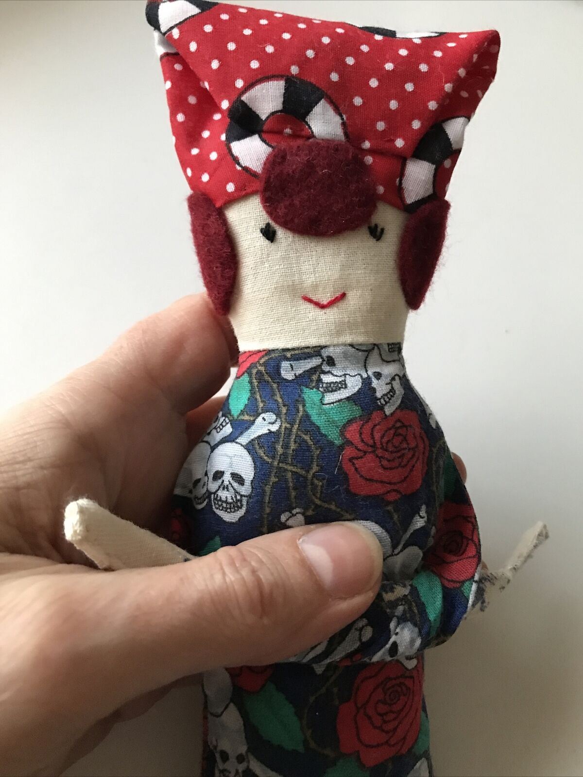 Hand Made Rag Doll. 1950s Tattooed Lady. Rockabilly Denim Retro Alternative Kitsch. 32 cm.