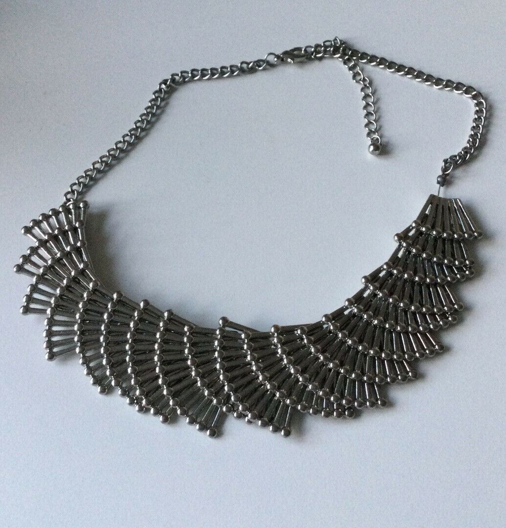 Fancy Silver Colour Collared Necklace. Industrial, Retro, Geometric. Deco. Rock Chick.