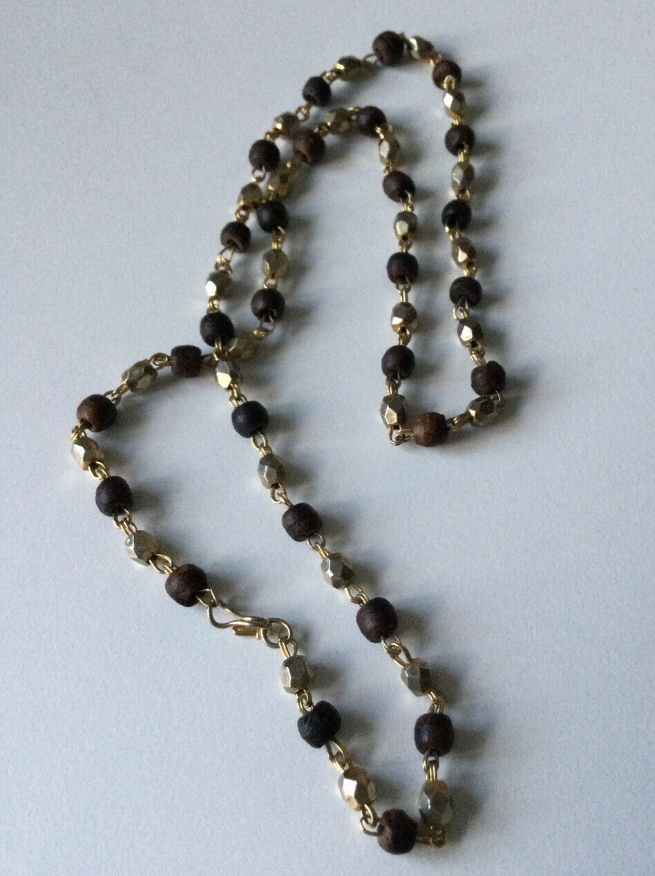 Pretty Gold Tone Chain And Bead Necklace. Browns Golds. Vintage. Dainty. Long.
