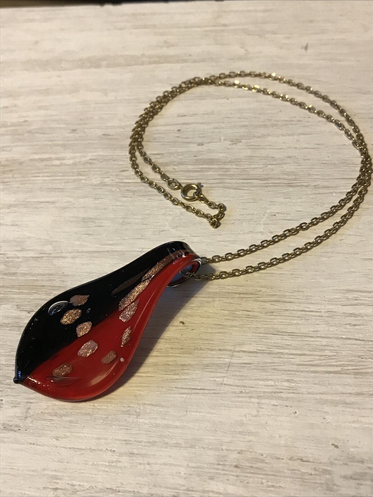 Large Murano (?) Glass Pendant With Chain. Black Red. Necklace. Bold. Strikimg.