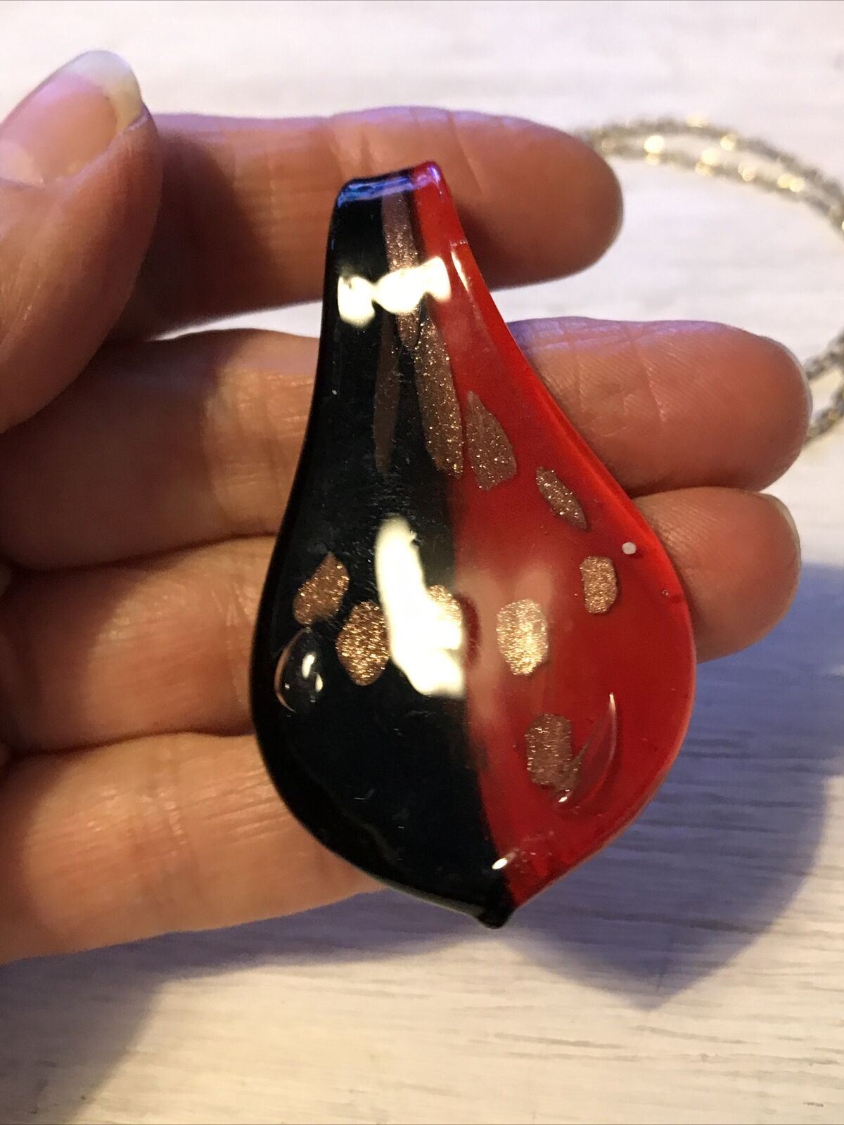 Large Murano (?) Glass Pendant With Chain. Black Red. Necklace. Bold. Strikimg.