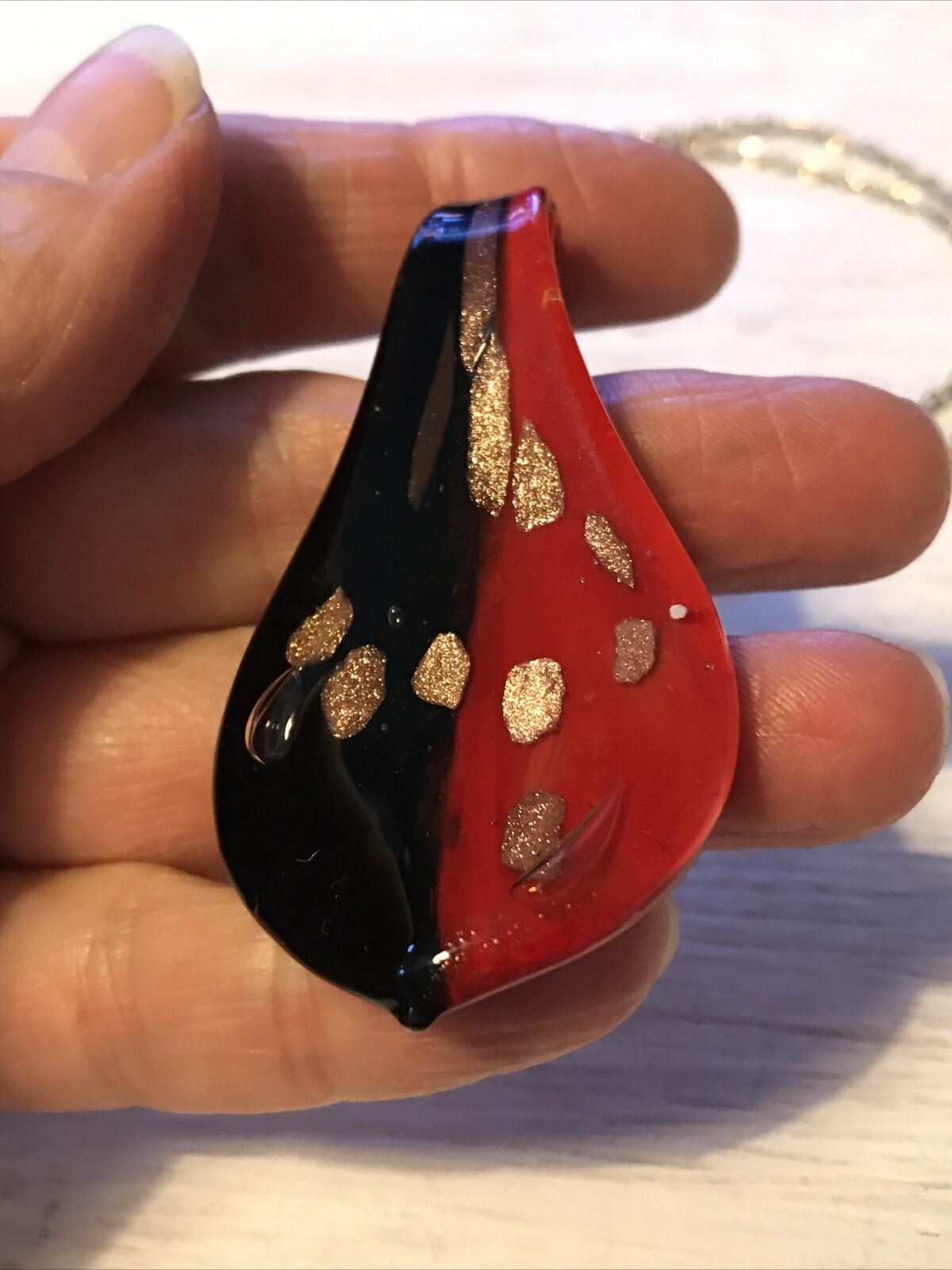 Large Murano (?) Glass Pendant With Chain. Black Red. Necklace. Bold. Strikimg.