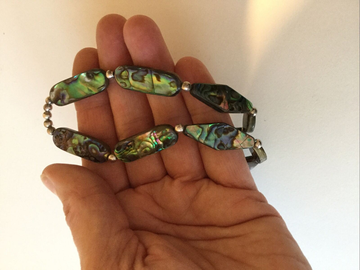 Pretty Vintage Abalone Shell Bead Necklace. Iridescent Green And Purple. Peacock