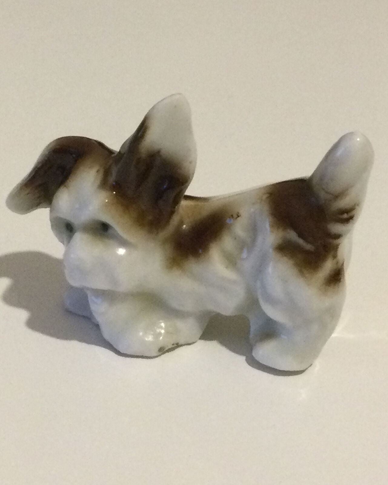 Funny Little Kitsch Miniature Pup Dog Ornament Figurine. Brown And White.