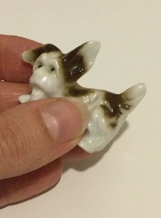 Funny Little Kitsch Miniature Pup Dog Ornament Figurine. Brown And White.