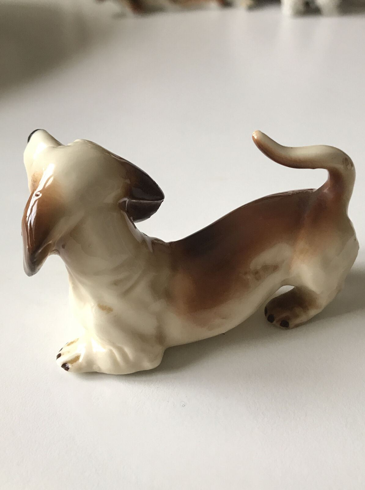 Sausage Dog Dachshund Figurine / Ornament. Playful. Playing. Approx 4.5cm Vintage. Wagging tail.
