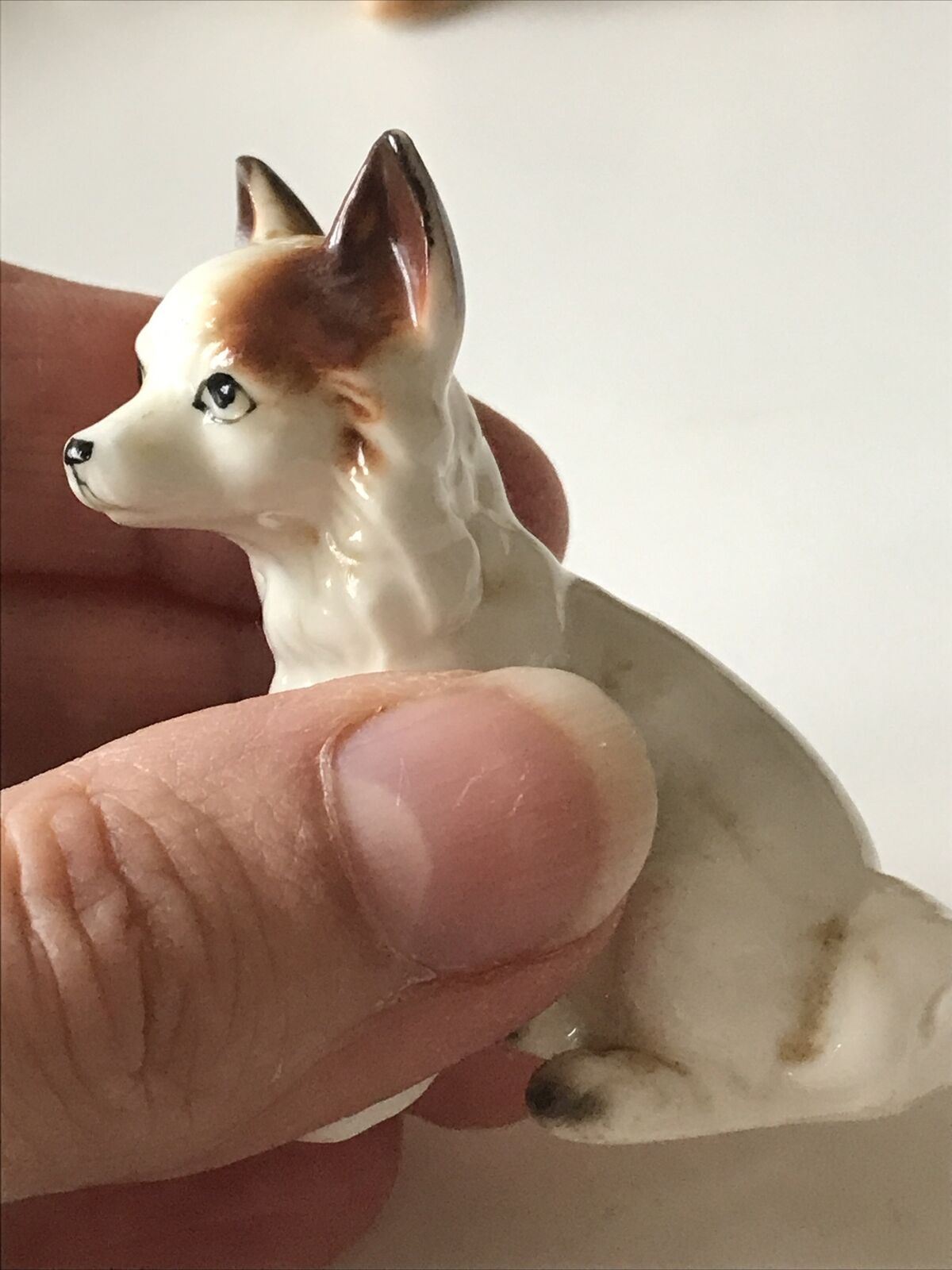 Sweet Little Chihuahua Dog Ornament Figurine. Vintage. 5cm High. White With Brown Ears