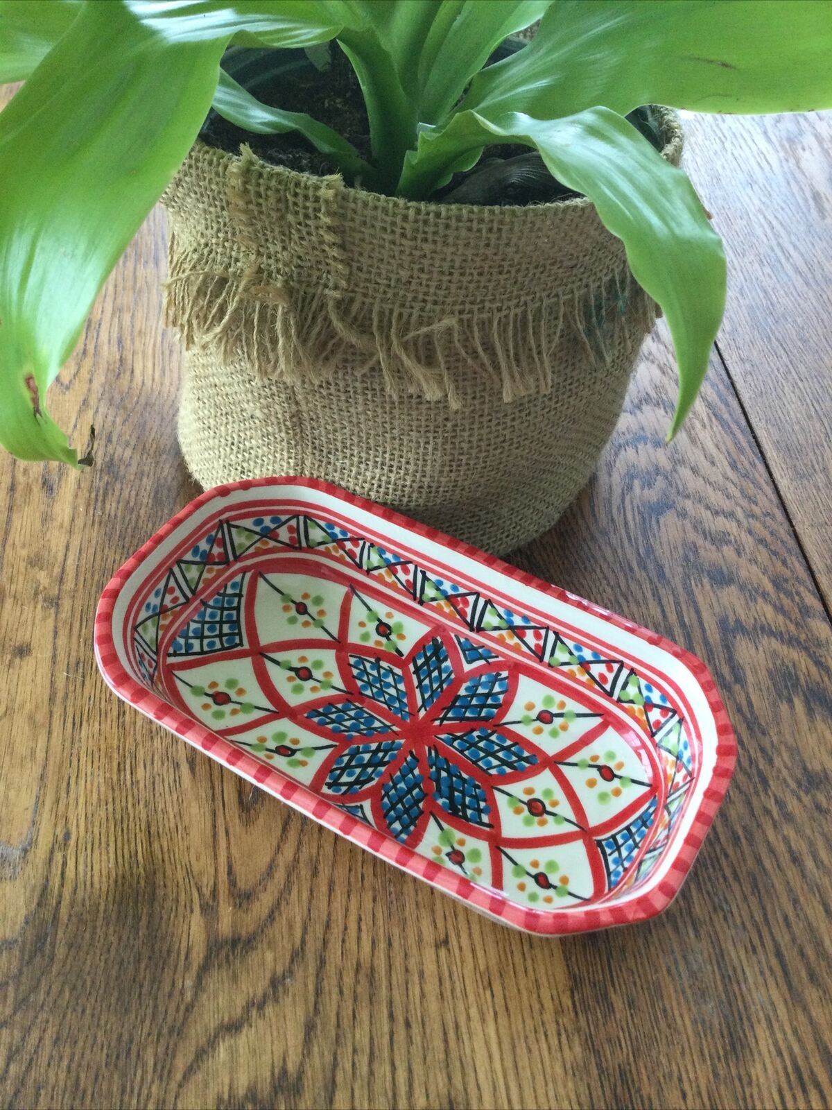 Bright Colourful Tunisian Handmade Oblong Dish. Handpainted. 18.5 x 10.5 cm.