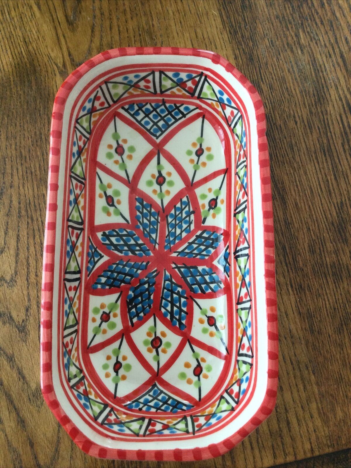 Bright Colourful Tunisian Handmade Oblong Dish. Handpainted. 18.5 x 10.5 cm.