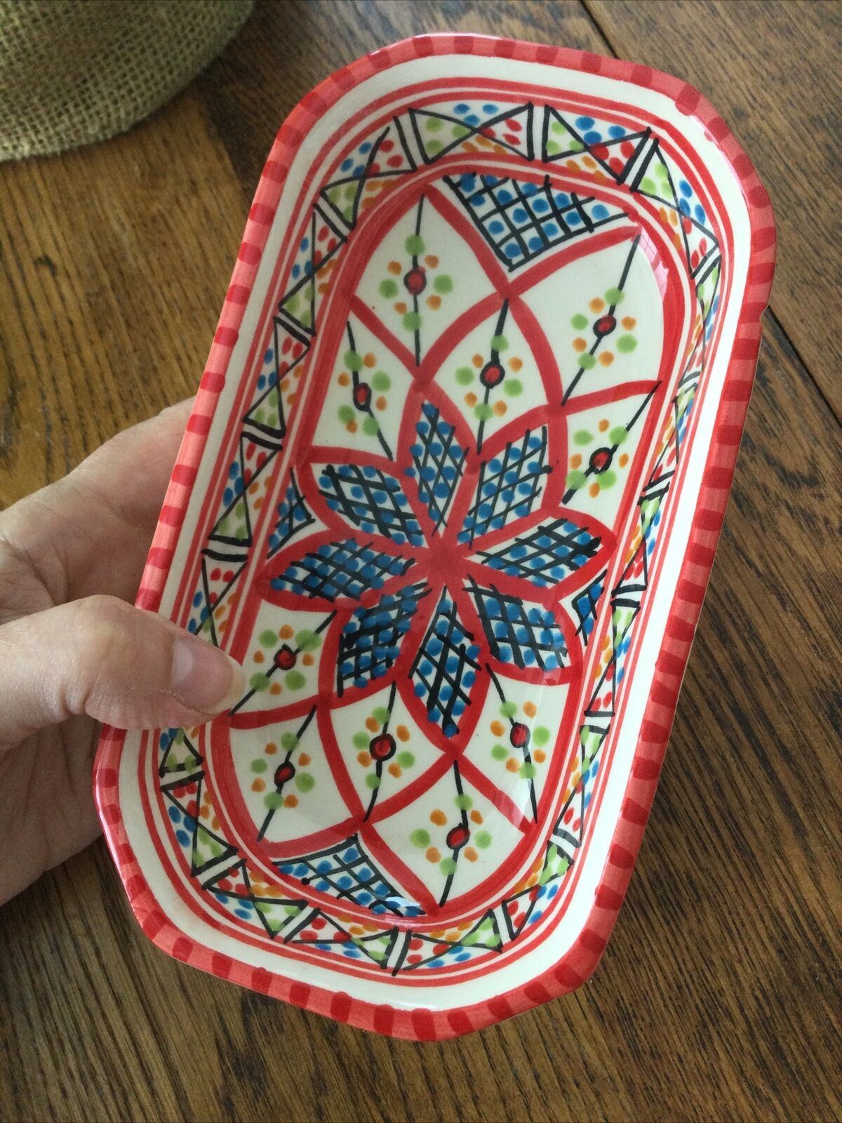 Bright Colourful Tunisian Handmade Oblong Dish. Handpainted. 18.5 x 10.5 cm.