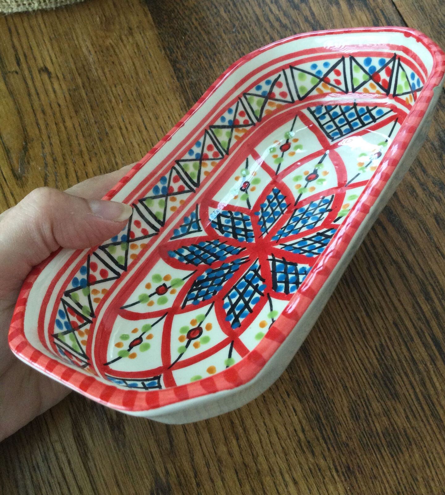 Bright Colourful Tunisian Handmade Oblong Dish. Handpainted. 18.5 x 10.5 cm.