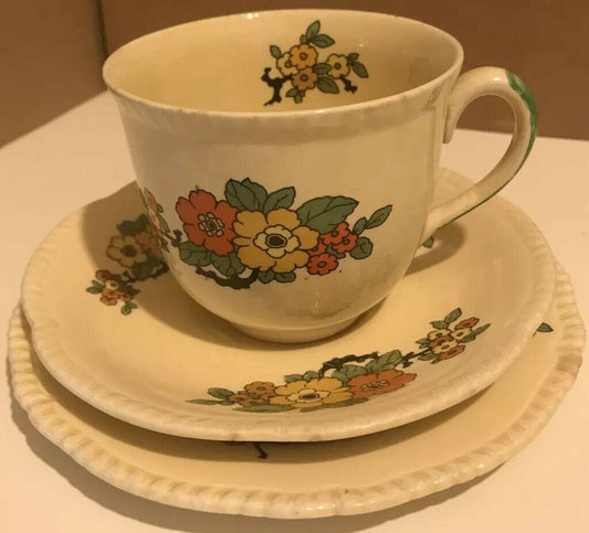 Vintage Royal Stafford Art Deco Trio. Cup Saucer and Plate. Floral Cheerful. 1930s. Cream Orange Black