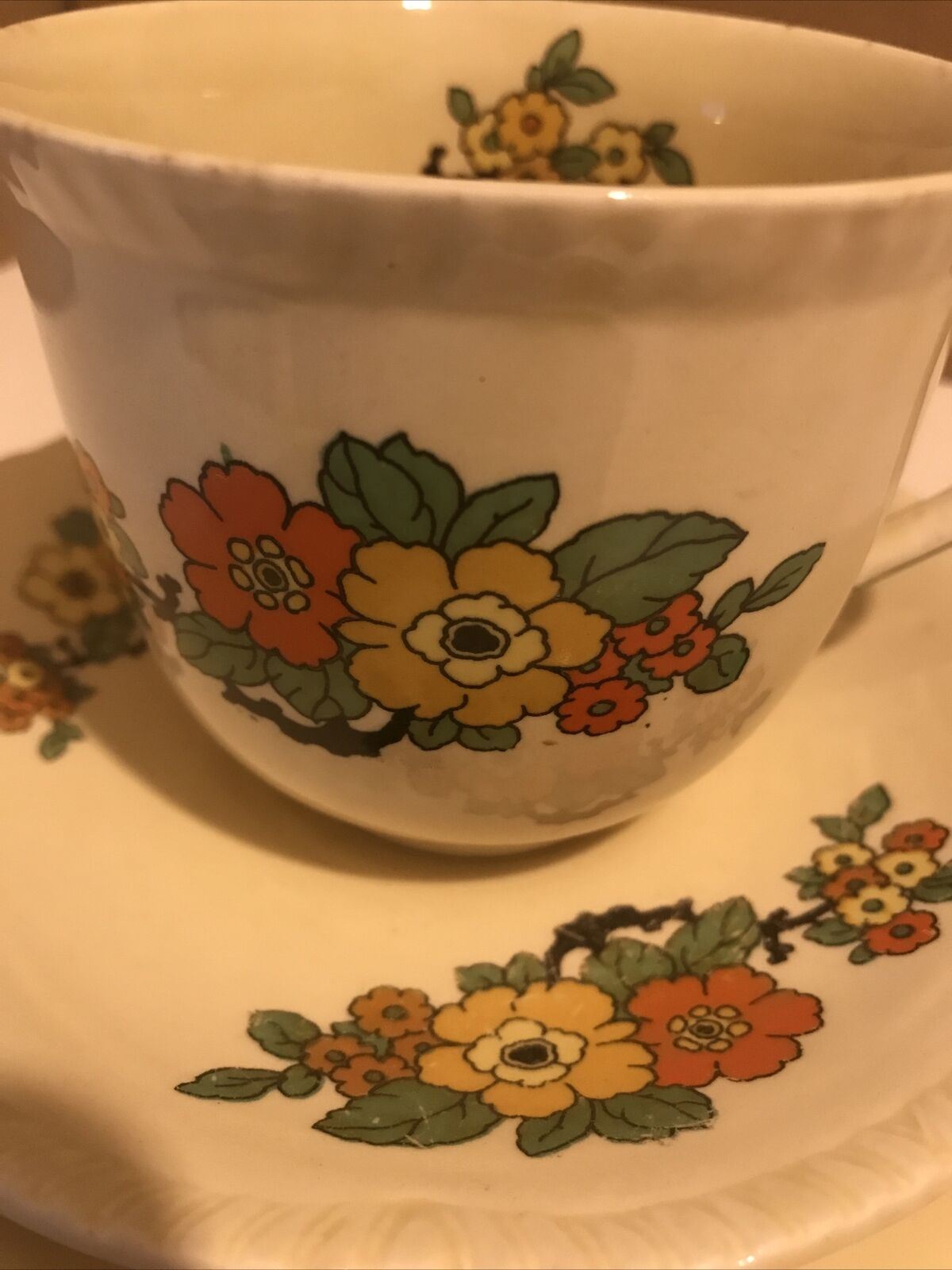 Vintage Royal Stafford Art Deco Trio. Cup Saucer and Plate. Floral Cheerful. 1930s. Cream Orange Black