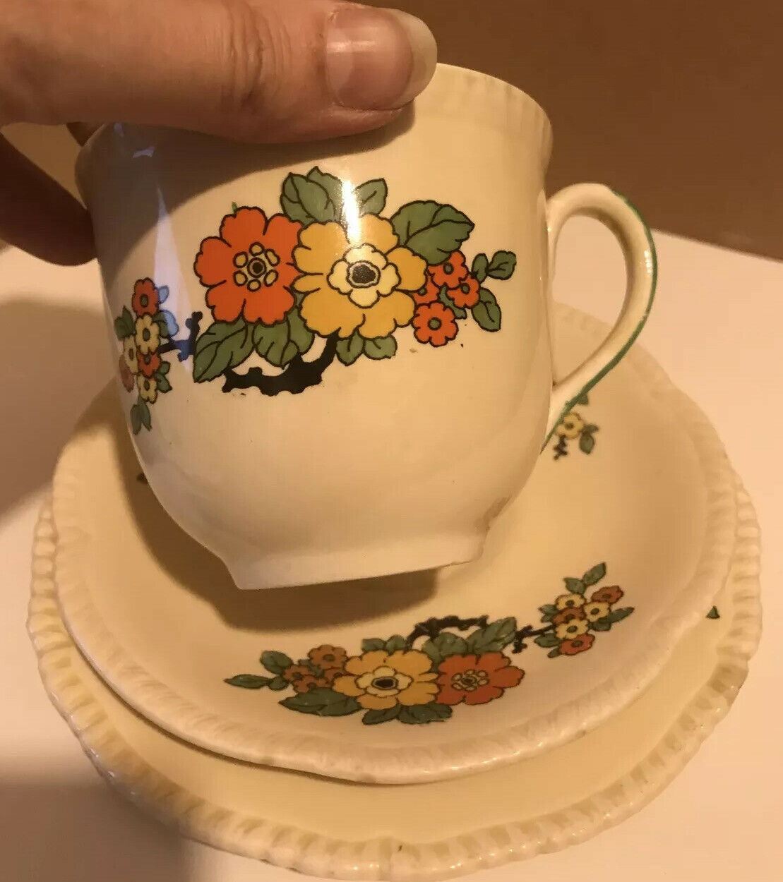 Vintage Royal Stafford Art Deco Trio. Cup Saucer and Plate. Floral Cheerful. 1930s. Cream Orange Black