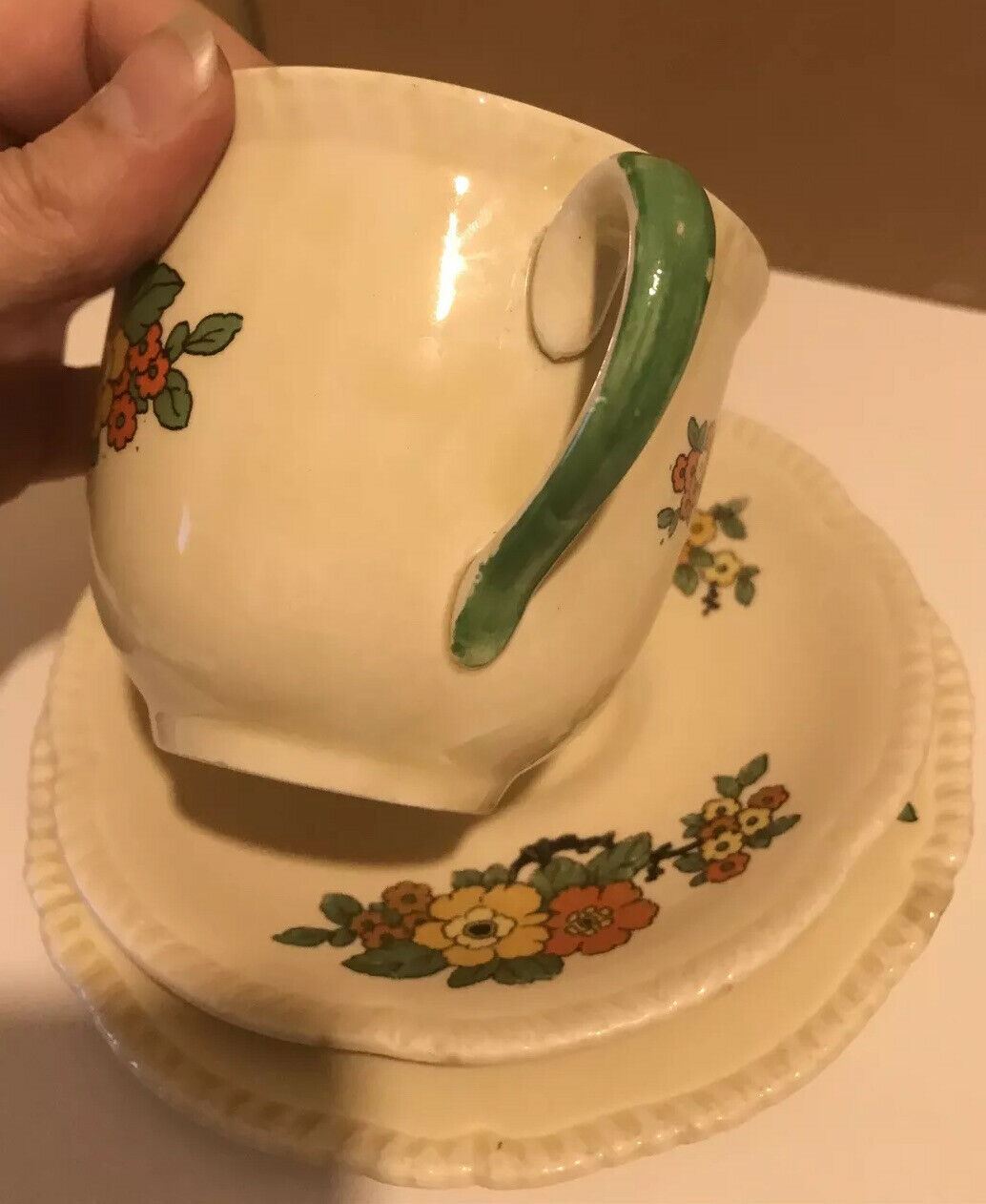 Vintage Royal Stafford Art Deco Trio. Cup Saucer and Plate. Floral Cheerful. 1930s. Cream Orange Black
