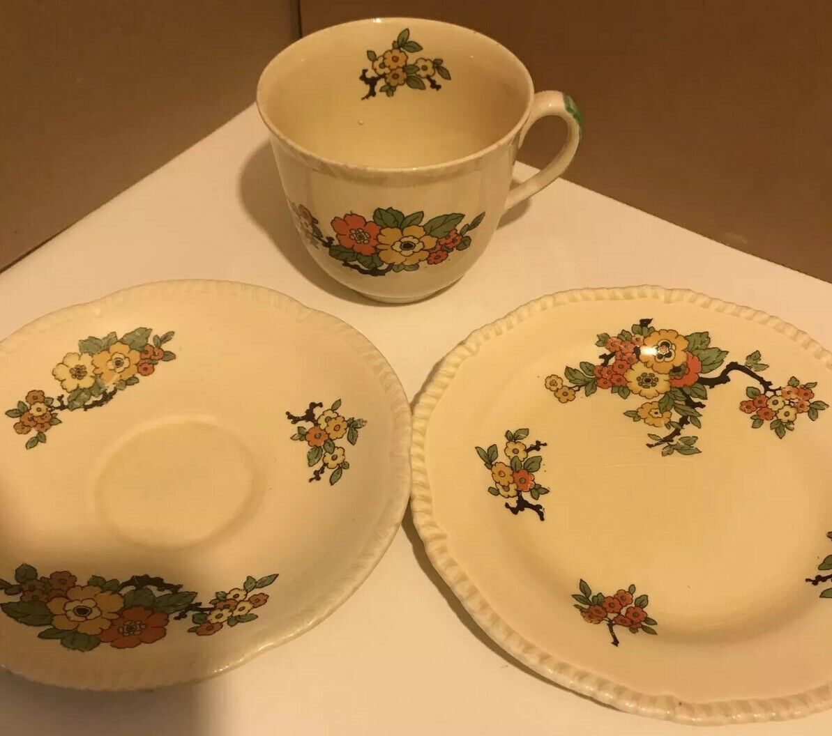 Vintage Royal Stafford Art Deco Trio. Cup Saucer and Plate. Floral Cheerful. 1930s. Cream Orange Black