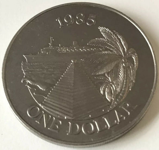 Bermuda 1 Dollar Coin 1985 Ship Palm Tree Pyramid Elizabeth II Vintage $1