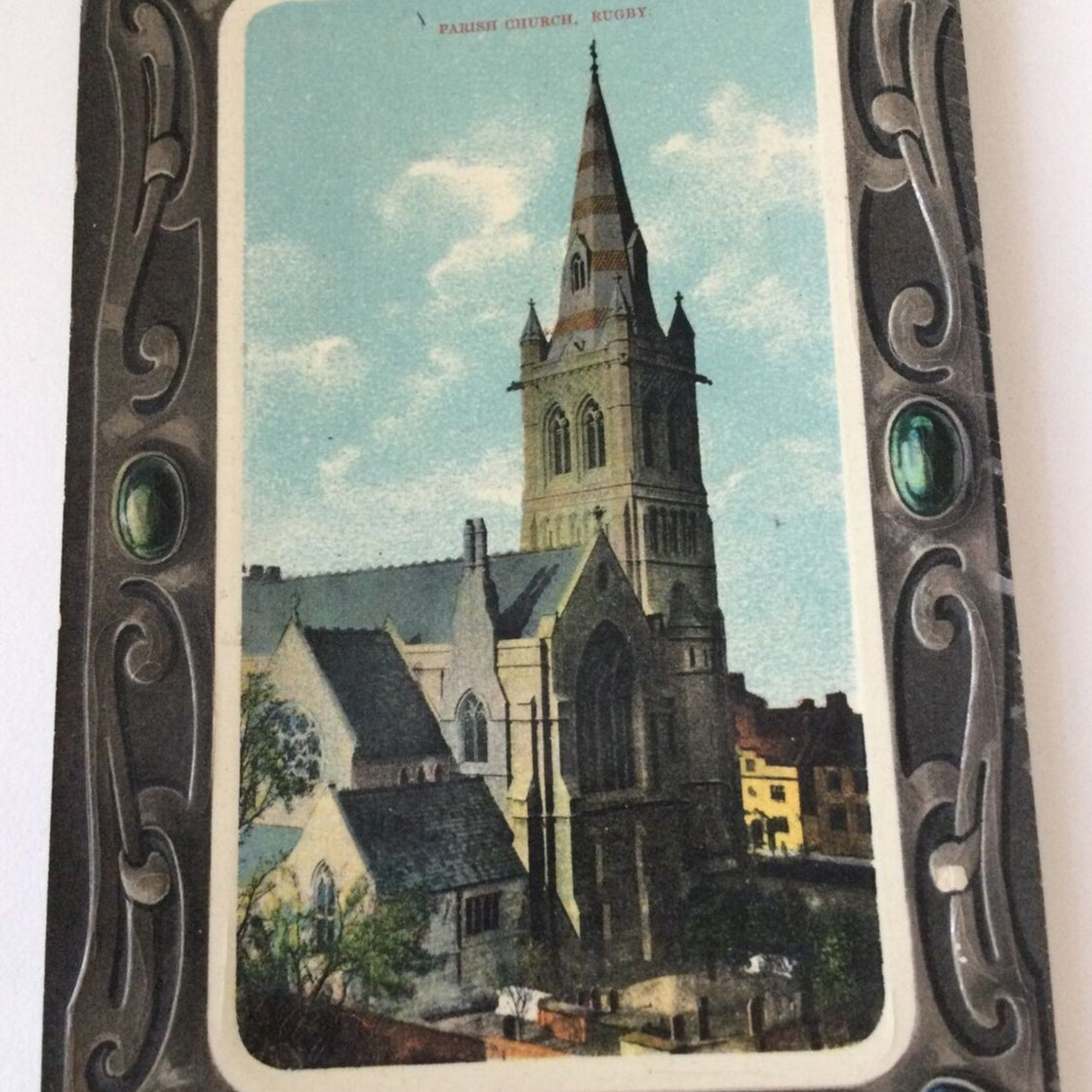 Vintage Colour Printed Postcard - Textured Border - ENGLAND - Rugby Parish Church - C.1912
