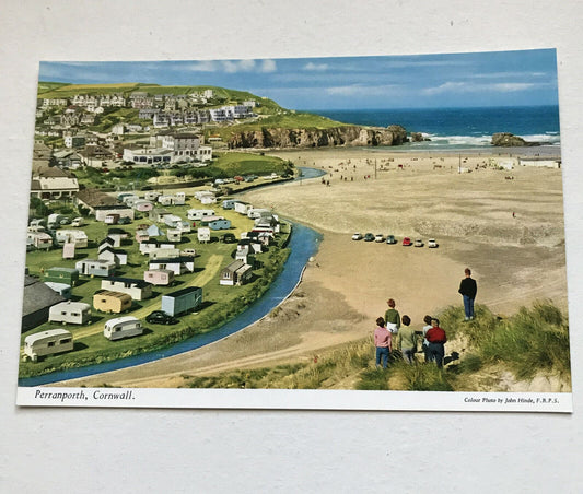 Vintage Postcard - ENGLAND - Perranporth Cornwall Beach Caravans Sea Cliffs John Hinde 3DC