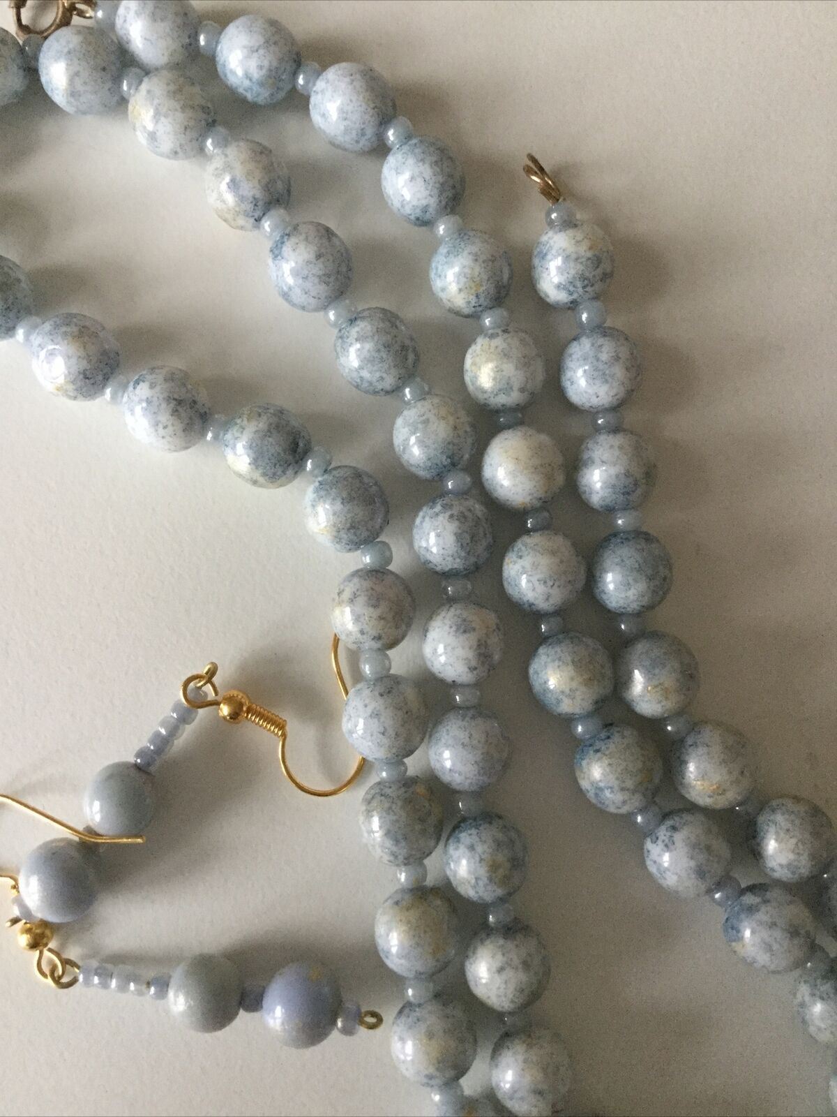 Pretty Vintage Beaded Necklace With Matching Earrings. Blue Ivory Ceramic Beads. Jewellery Set
