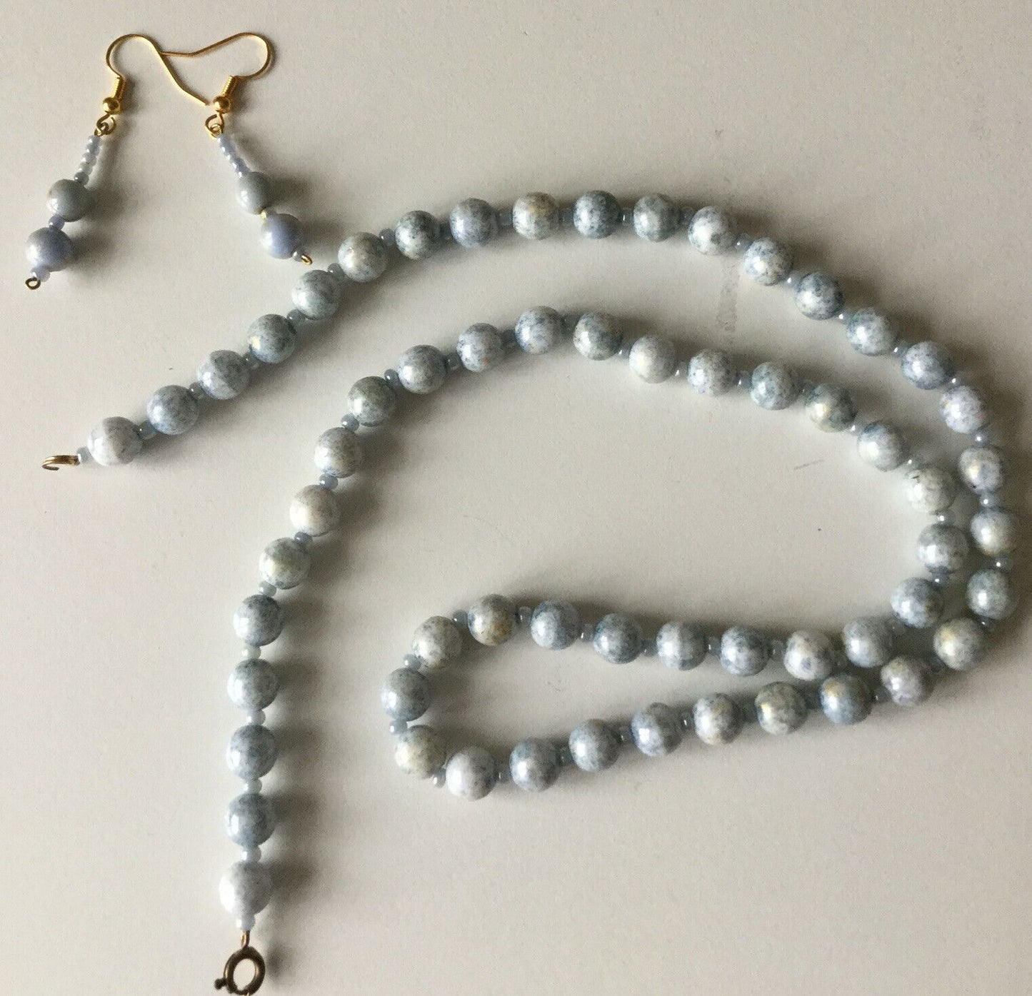 Pretty Vintage Beaded Necklace With Matching Earrings. Blue Ivory Ceramic Beads. Jewellery Set