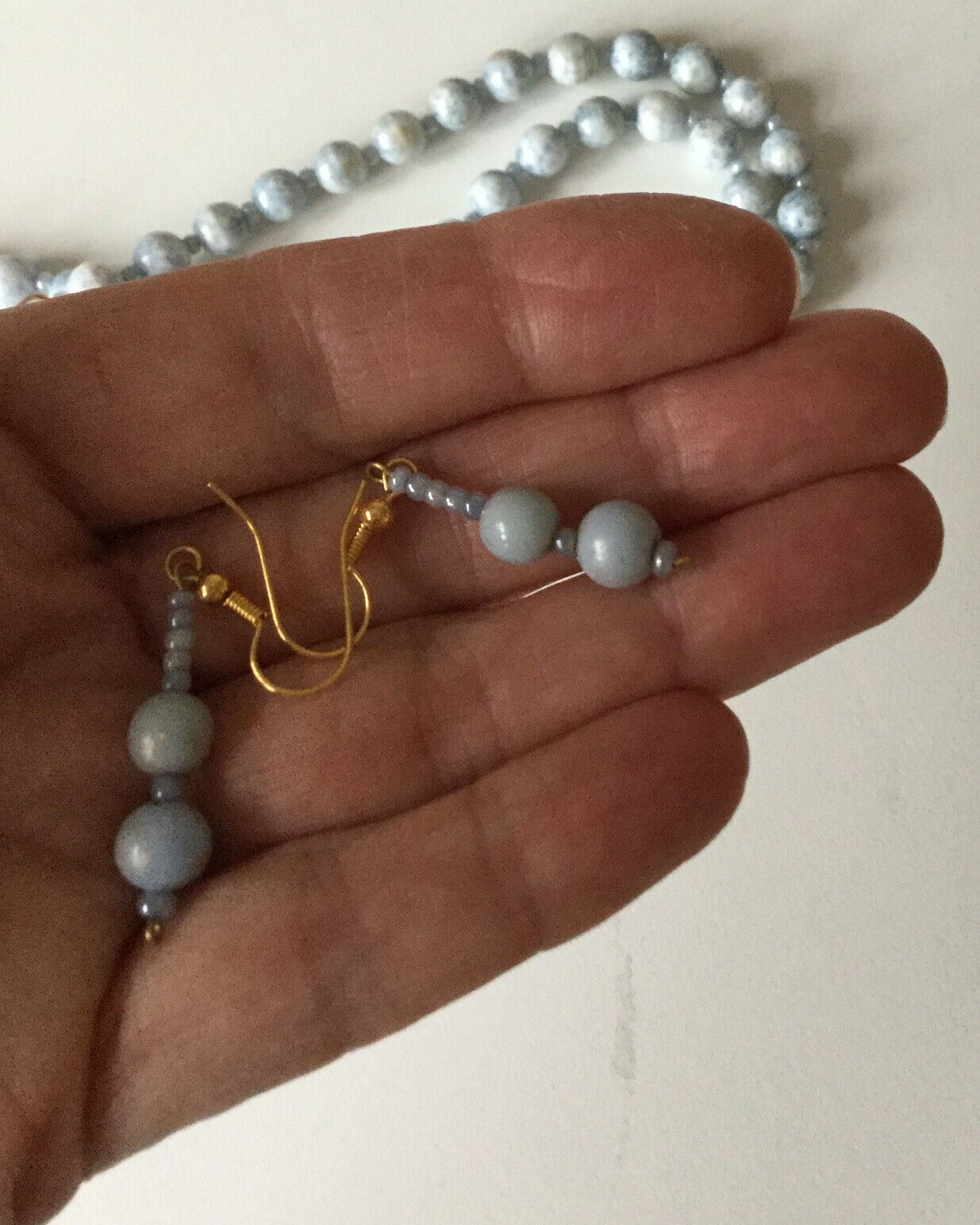 Pretty Vintage Beaded Necklace With Matching Earrings. Blue Ivory Ceramic Beads.