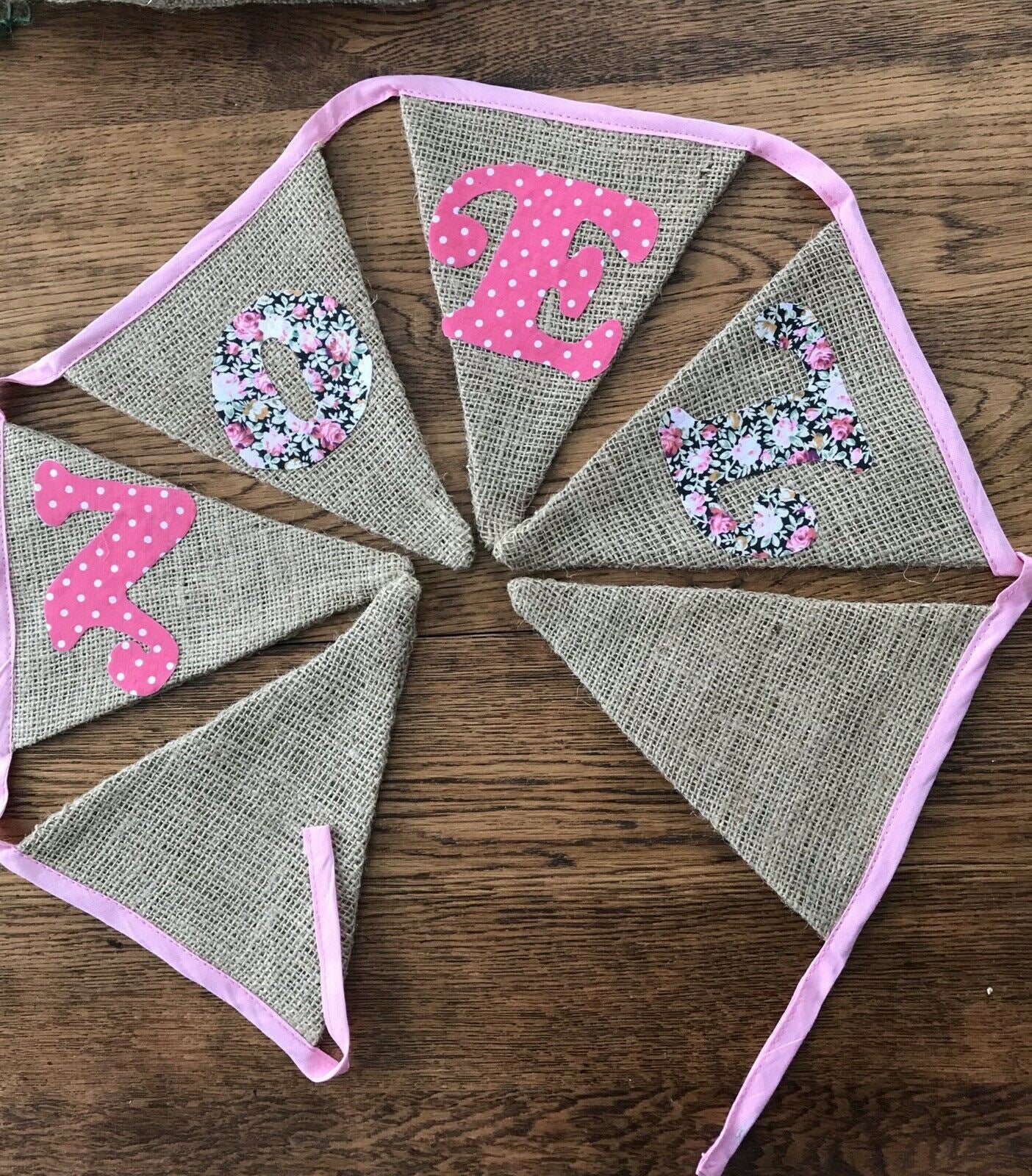 Pretty Vintage Style Christmas Bunting – NOEL – Pink Shabby Chic Hessian Floral – 148c