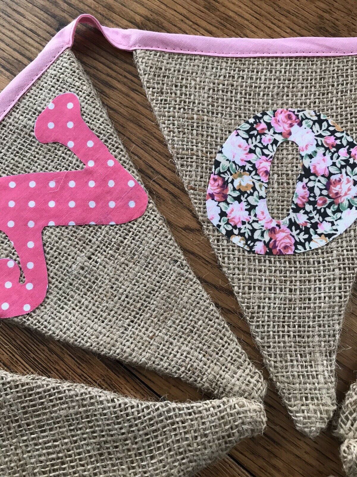 Pretty Vintage Style Christmas Bunting – NOEL – Pink Shabby Chic Hessian Floral – 148c