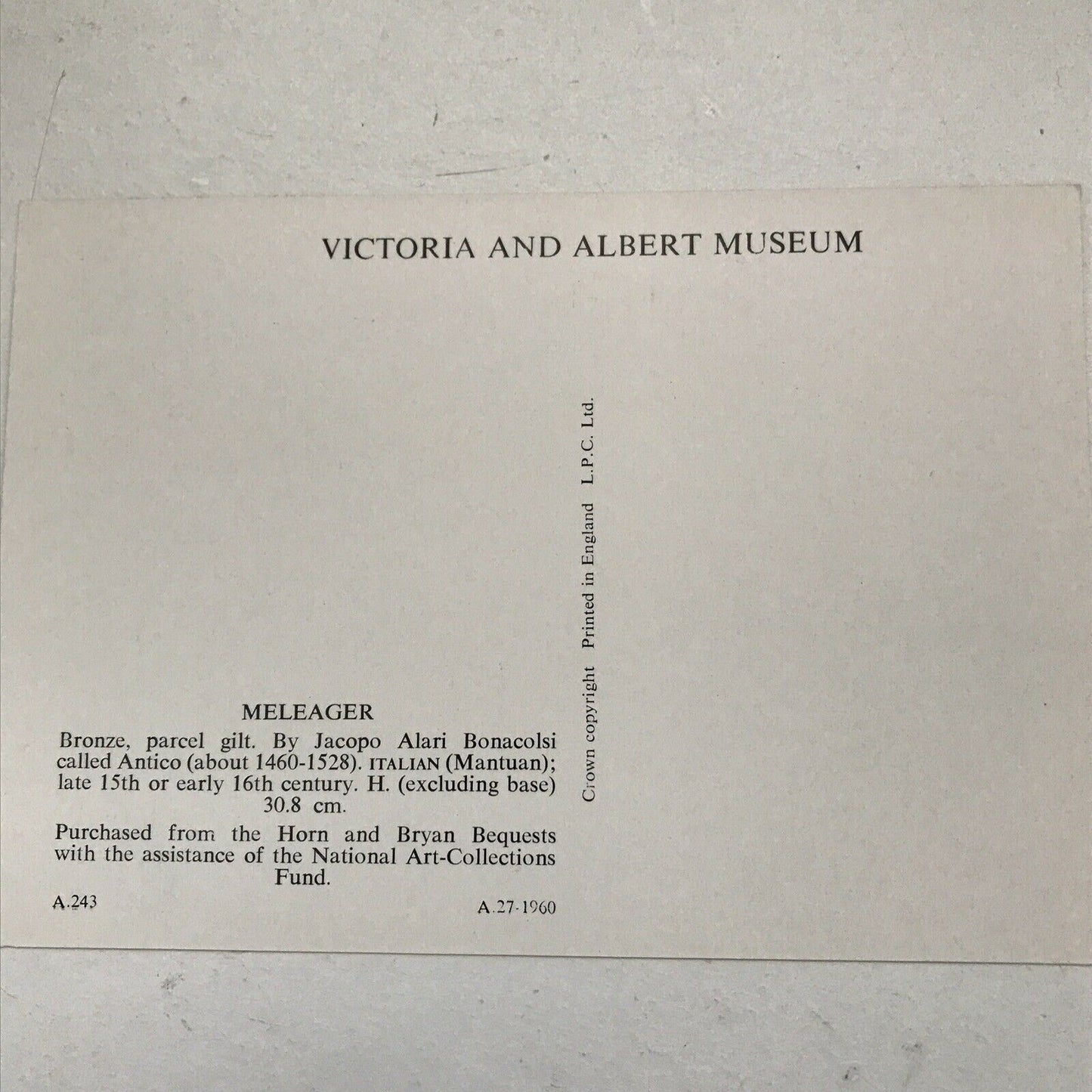 Art Postcard V&A Museum Meleager Bronze Statue Bonacolsi 15th 16th Ce They Italy