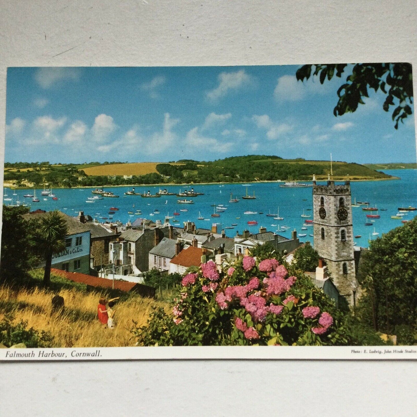 Postcard Cornwall Falmouth Harbour Boats Seascape Town Hillside Church Flowers