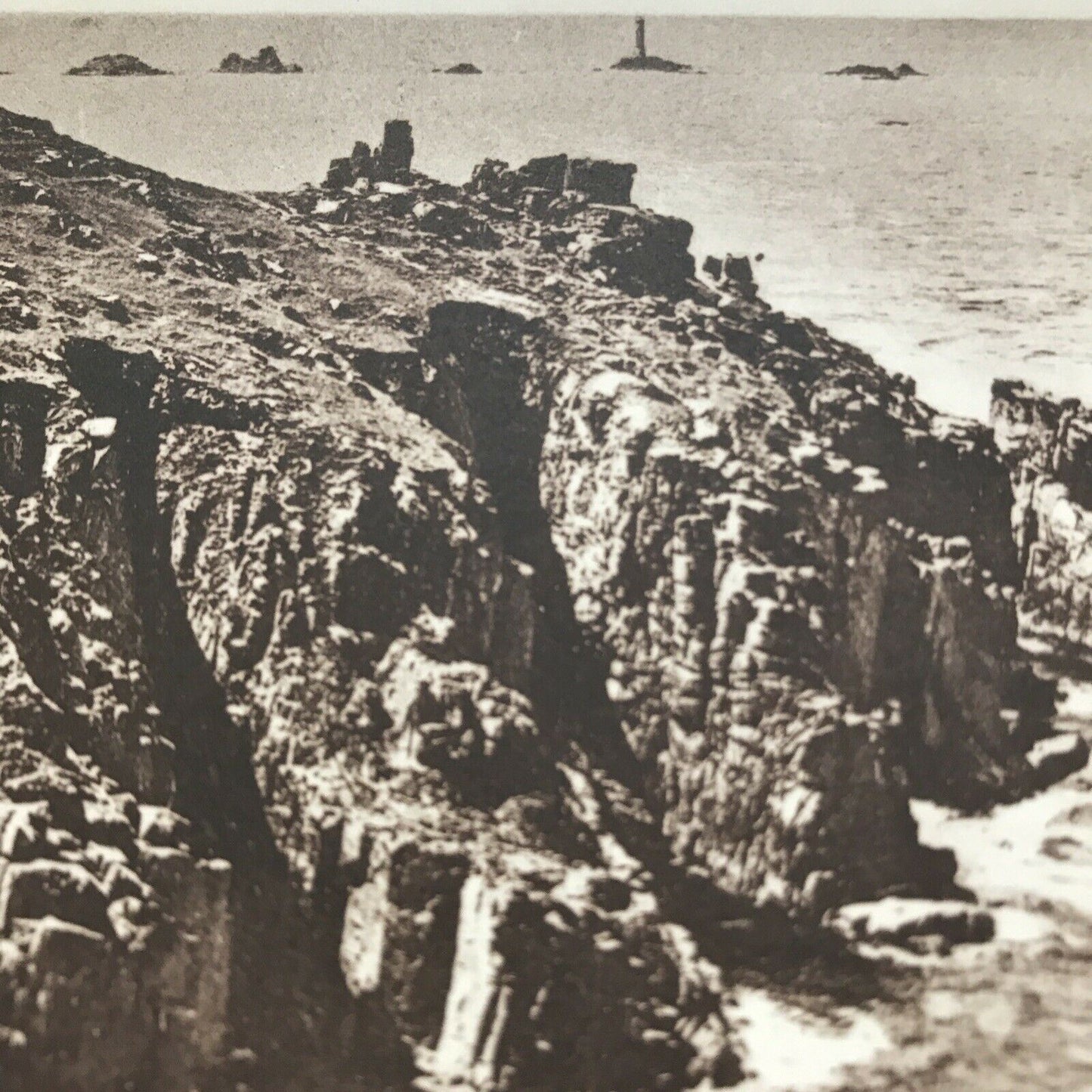 Vintage Postcard Lands End Longships Lighthouse Black And White Cliffs Sea Rocks