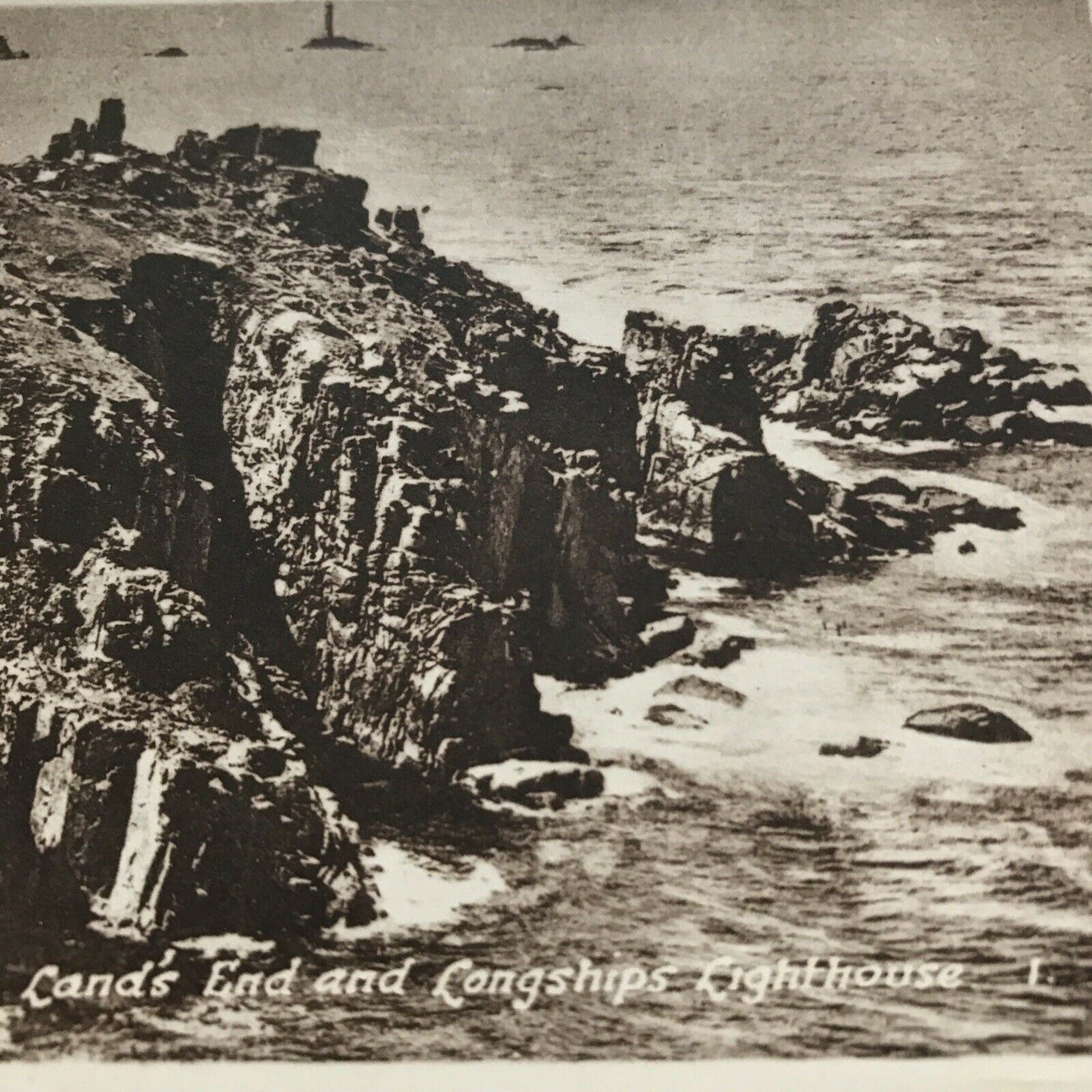 Vintage Postcard Lands End Longships Lighthouse Black And White Cliffs Sea Rocks