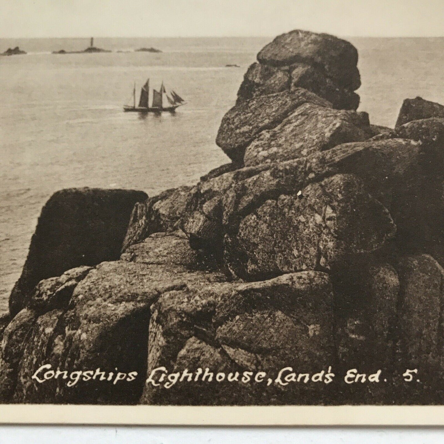 Vintage Postcard Lands End Longships Lighthouse Black And White Sailboats