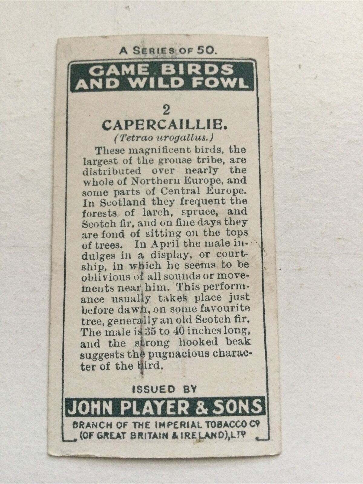 Players Cigarette Card - Game Birds & Wild Fowl - No. 2 Capercaillie - Grouse - Scotland